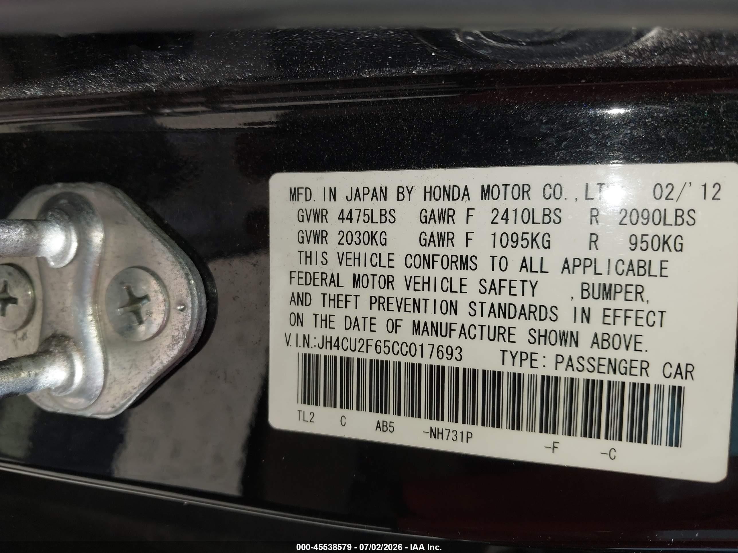 2012 Acura Tsx 2.4 Black vin: JH4CU2F65CC017693