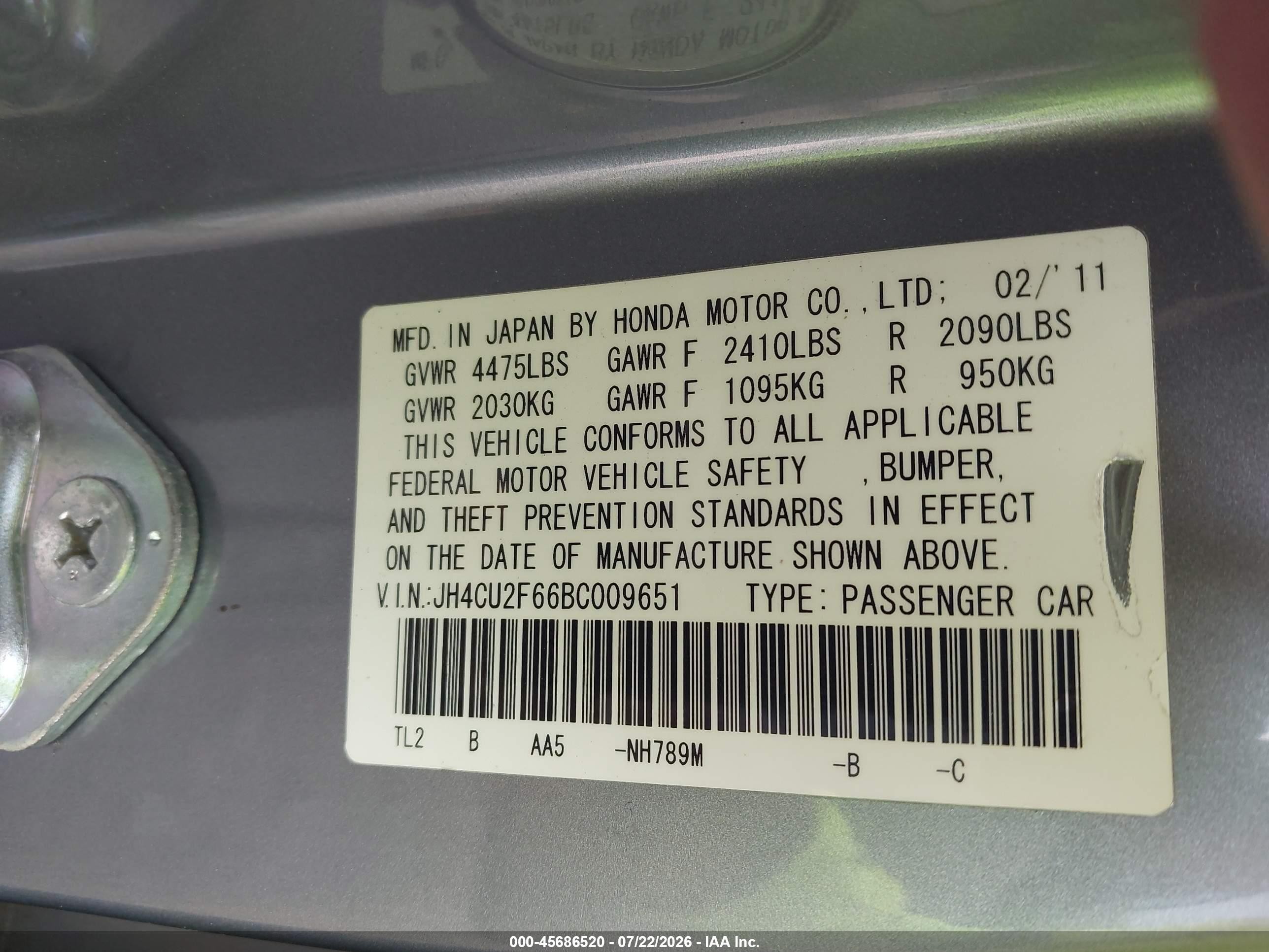 2011 Acura Tsx 2.4 Light Blue vin: JH4CU2F66BC009651