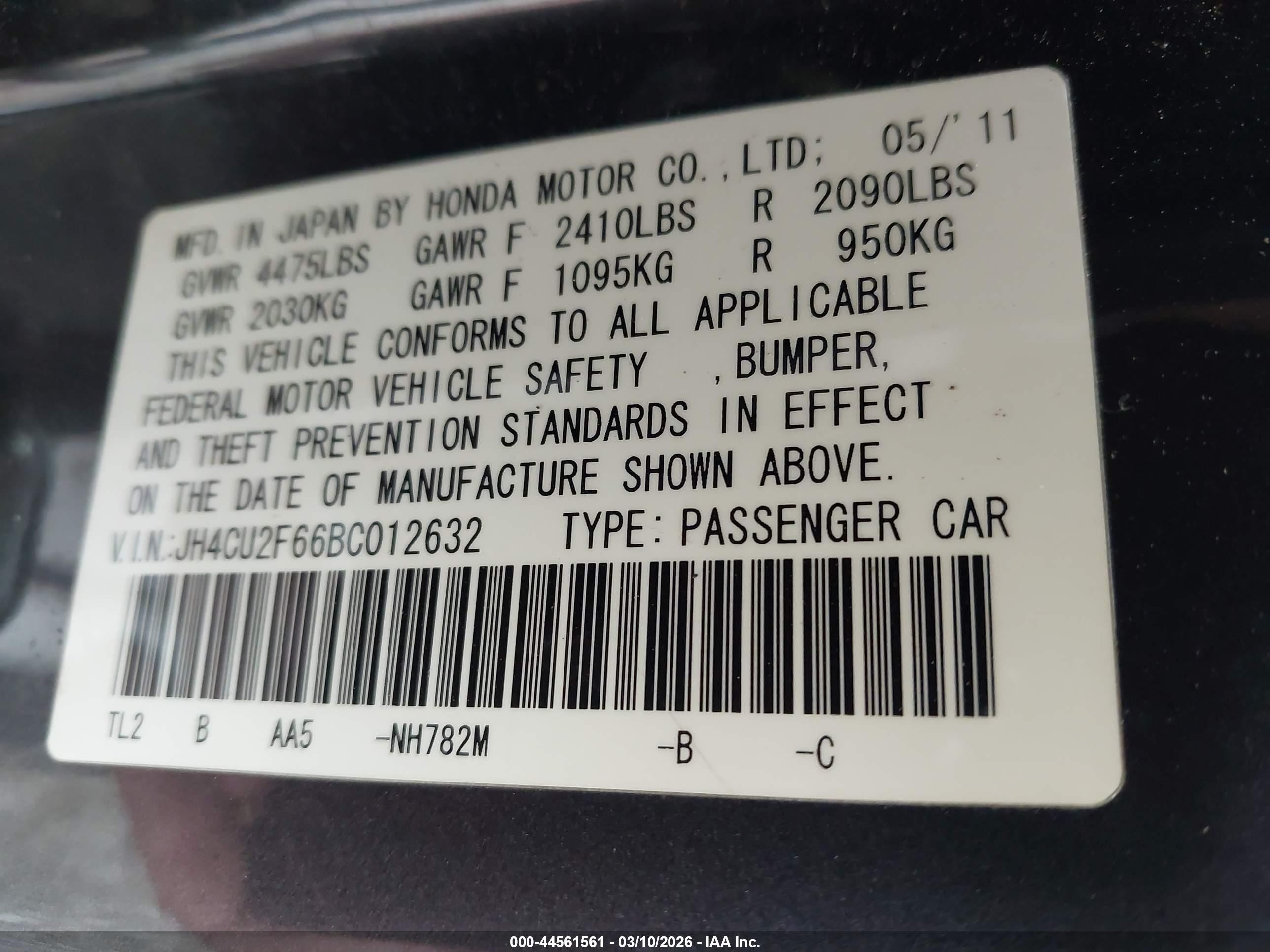 2011 Acura Tsx 2.4 Gray vin: JH4CU2F66BC012632