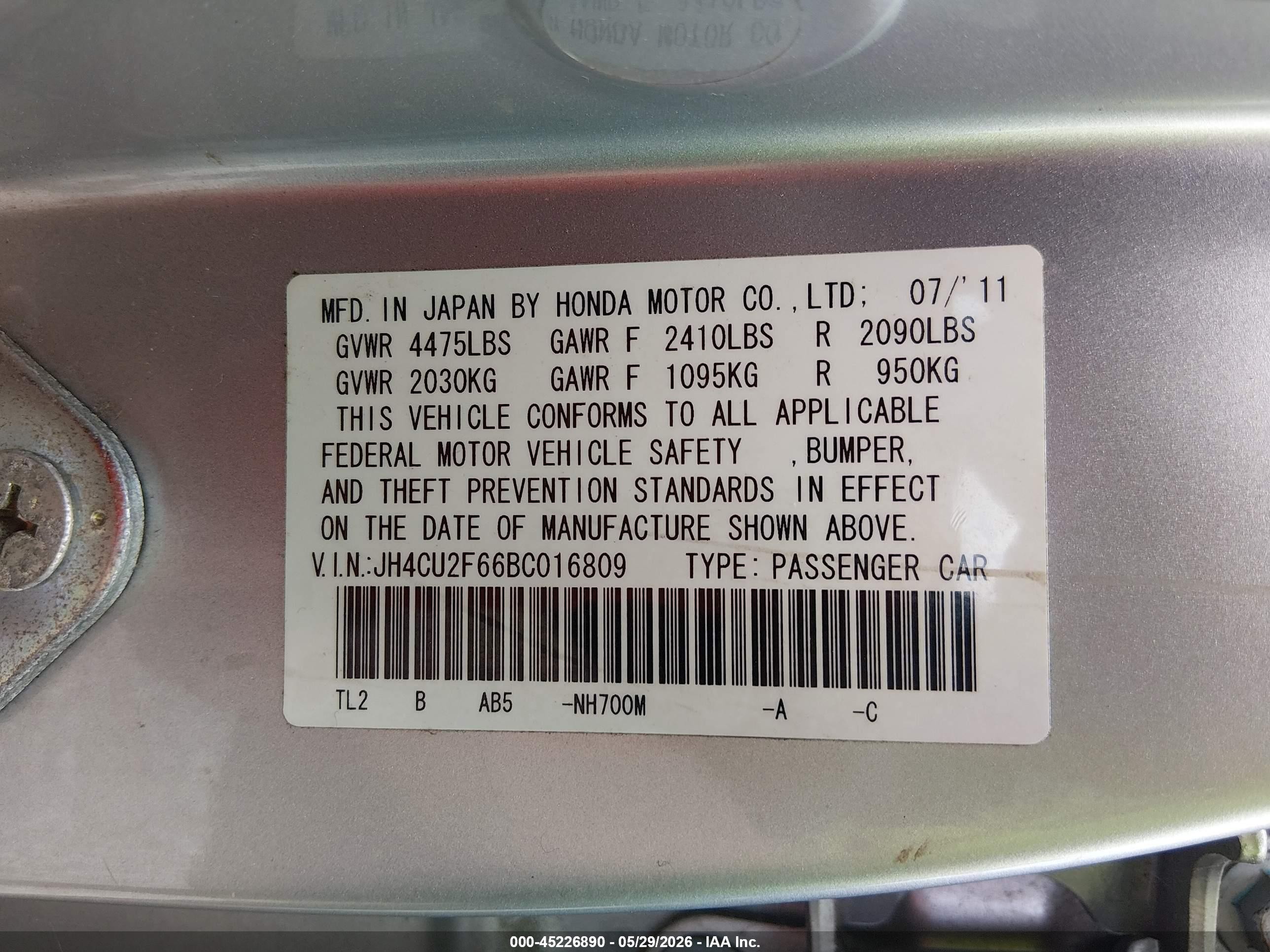 2011 Acura Tsx 2.4 Silver vin: JH4CU2F66BC016809