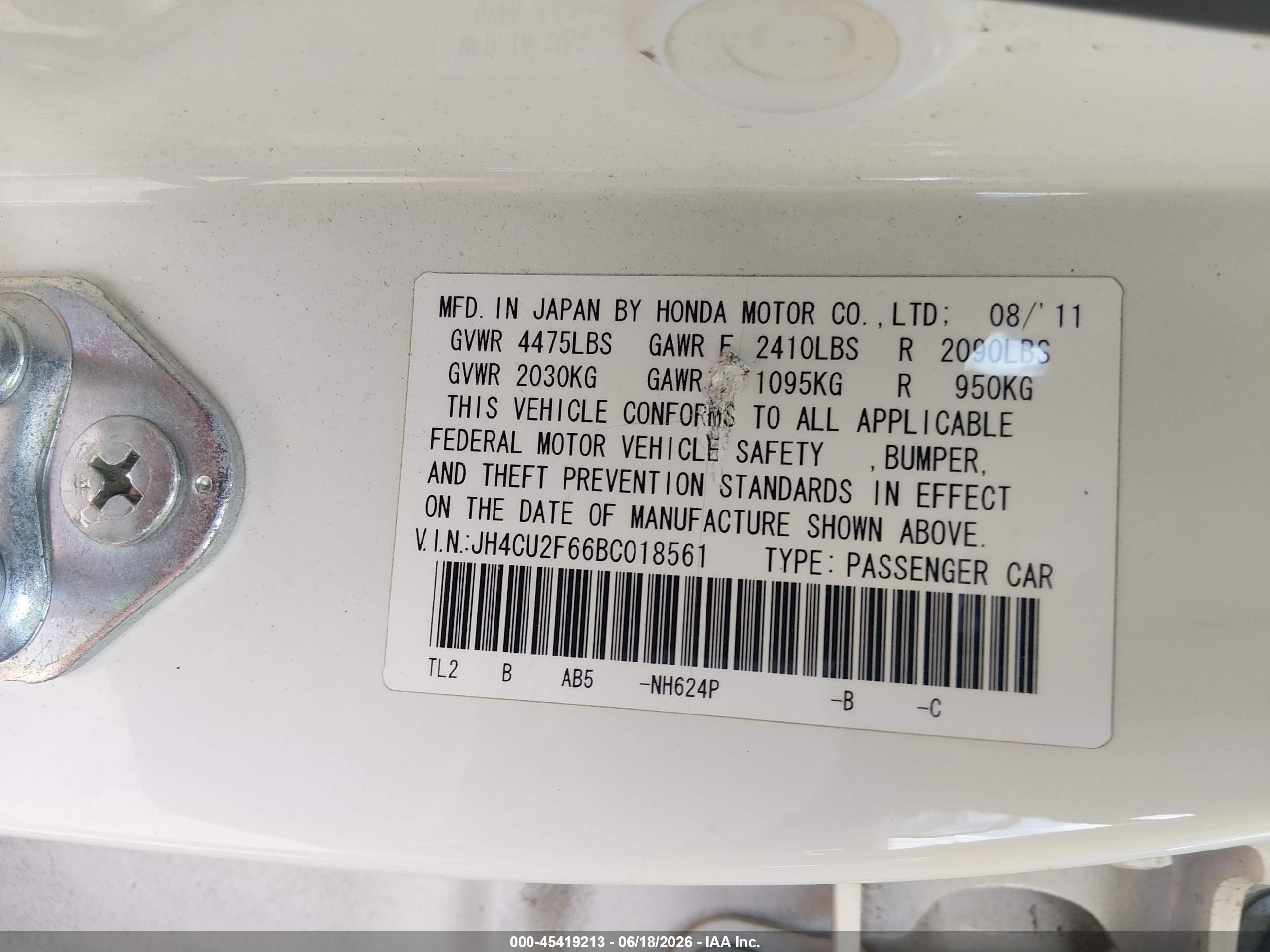 2011 Acura Tsx 2.4 White vin: JH4CU2F66BC018561