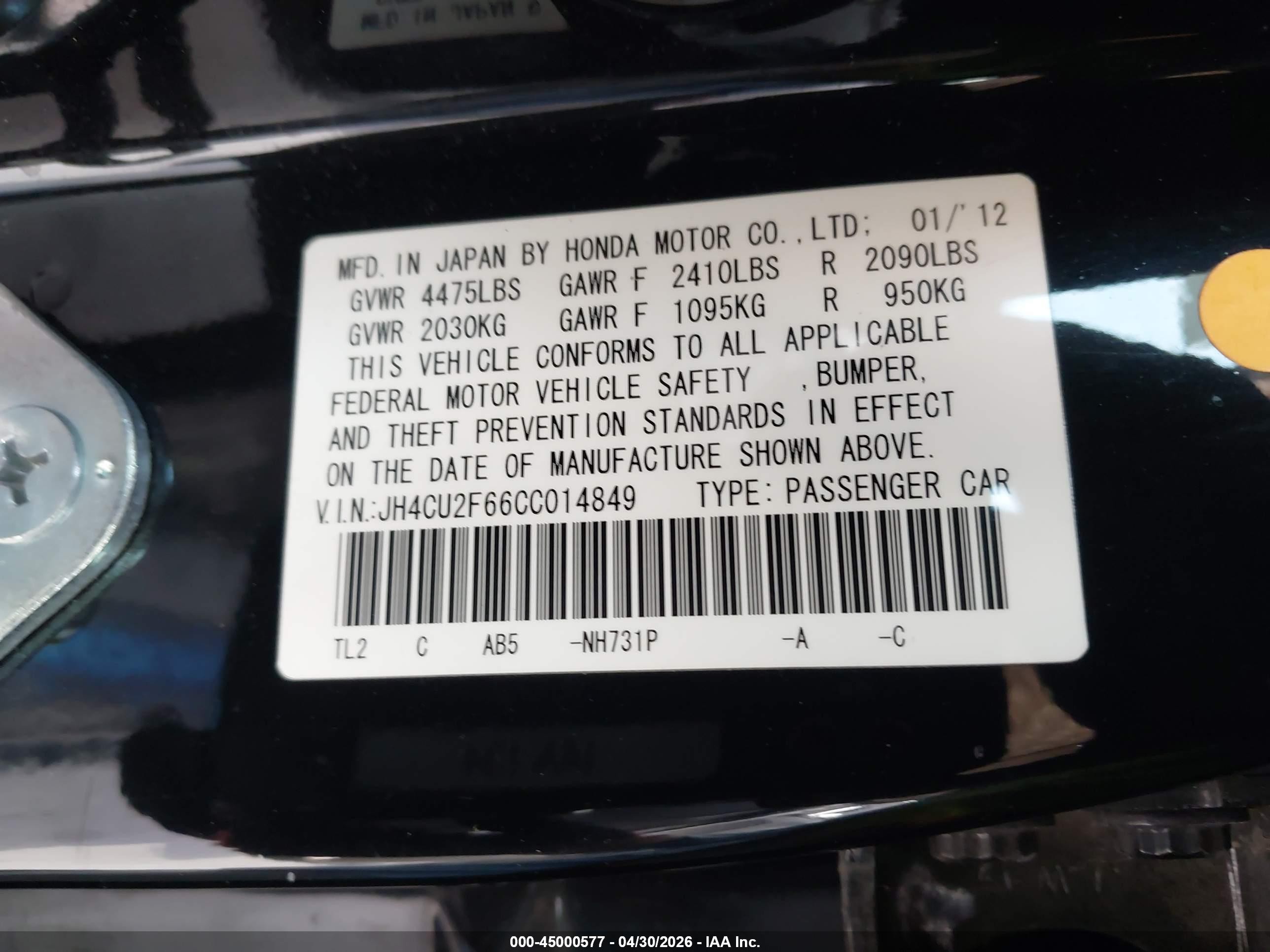 2012 Acura Tsx 2.4 Black vin: JH4CU2F66CC014849