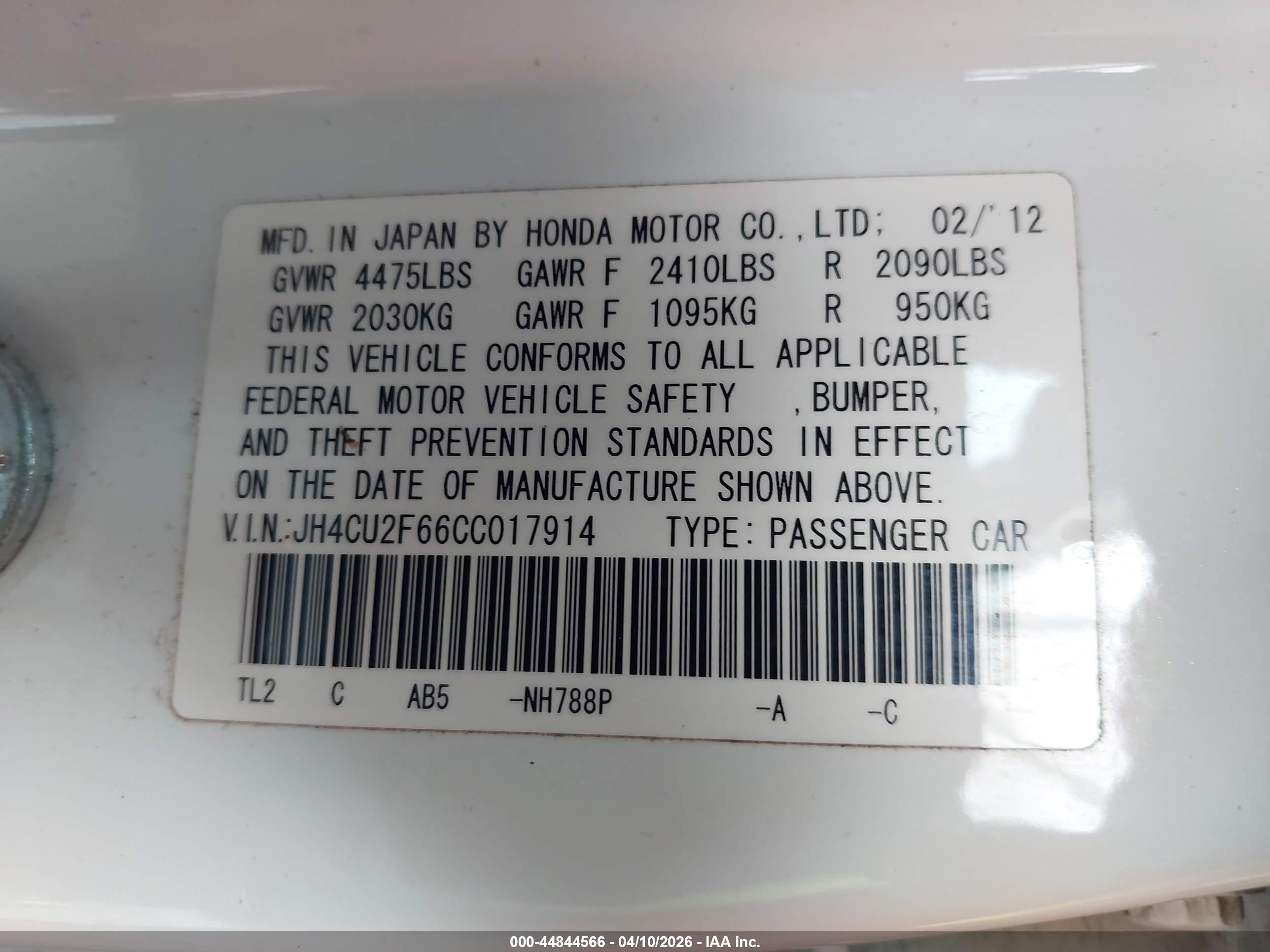 2012 Acura Tsx 2.4 White vin: JH4CU2F66CC017914