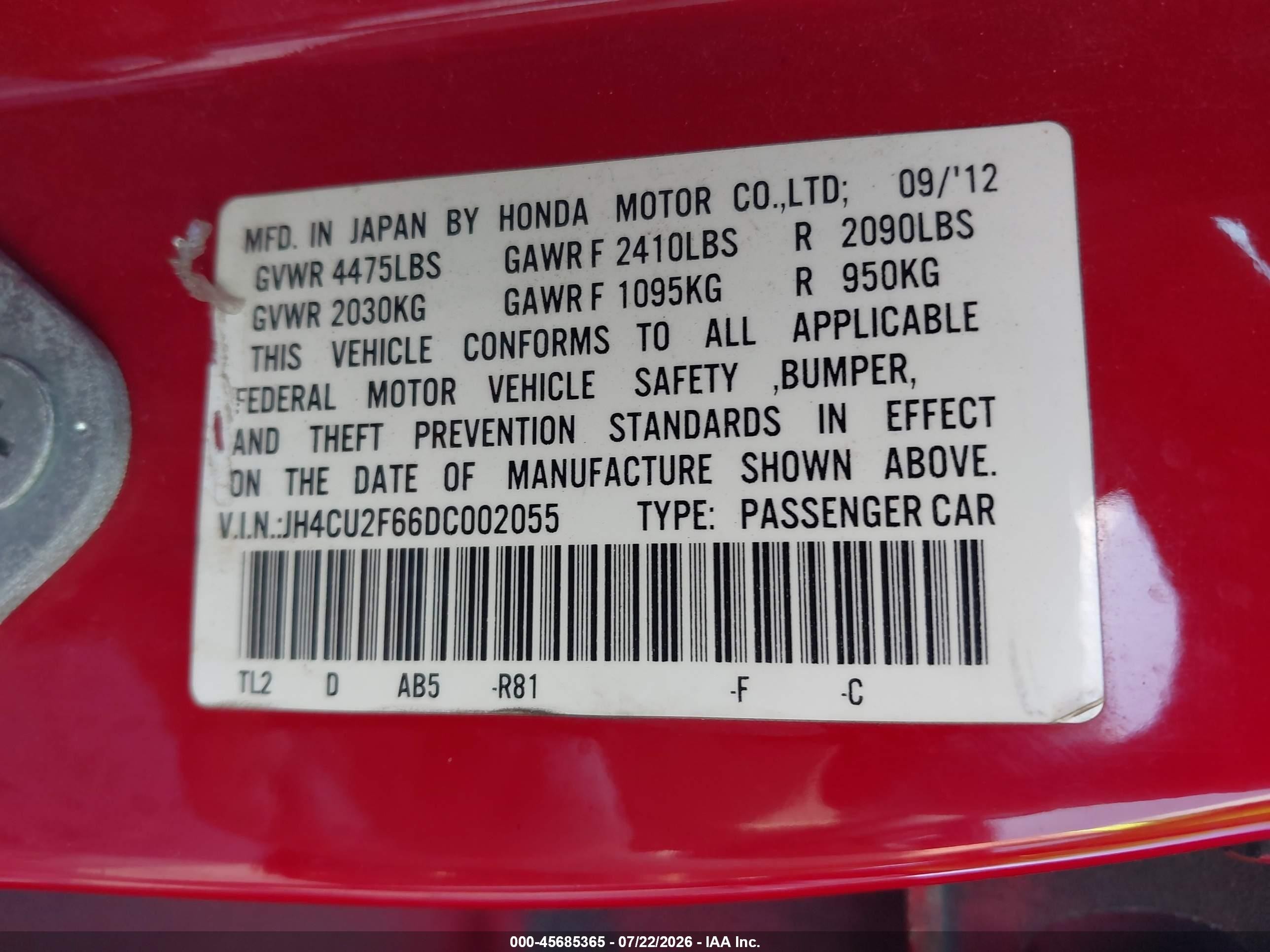 2013 Acura Tsx 2.4 Red vin: JH4CU2F66DC002055