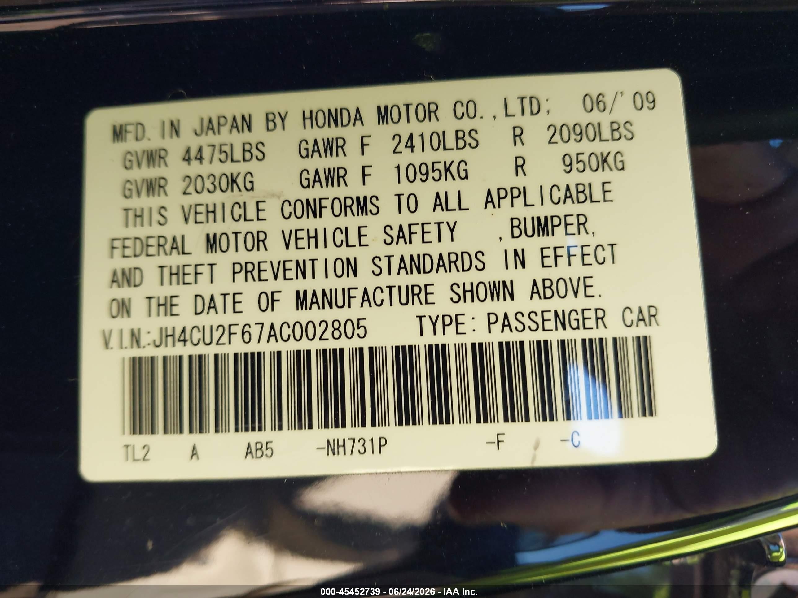 2010 Acura Tsx 2.4 Black vin: JH4CU2F67AC002805