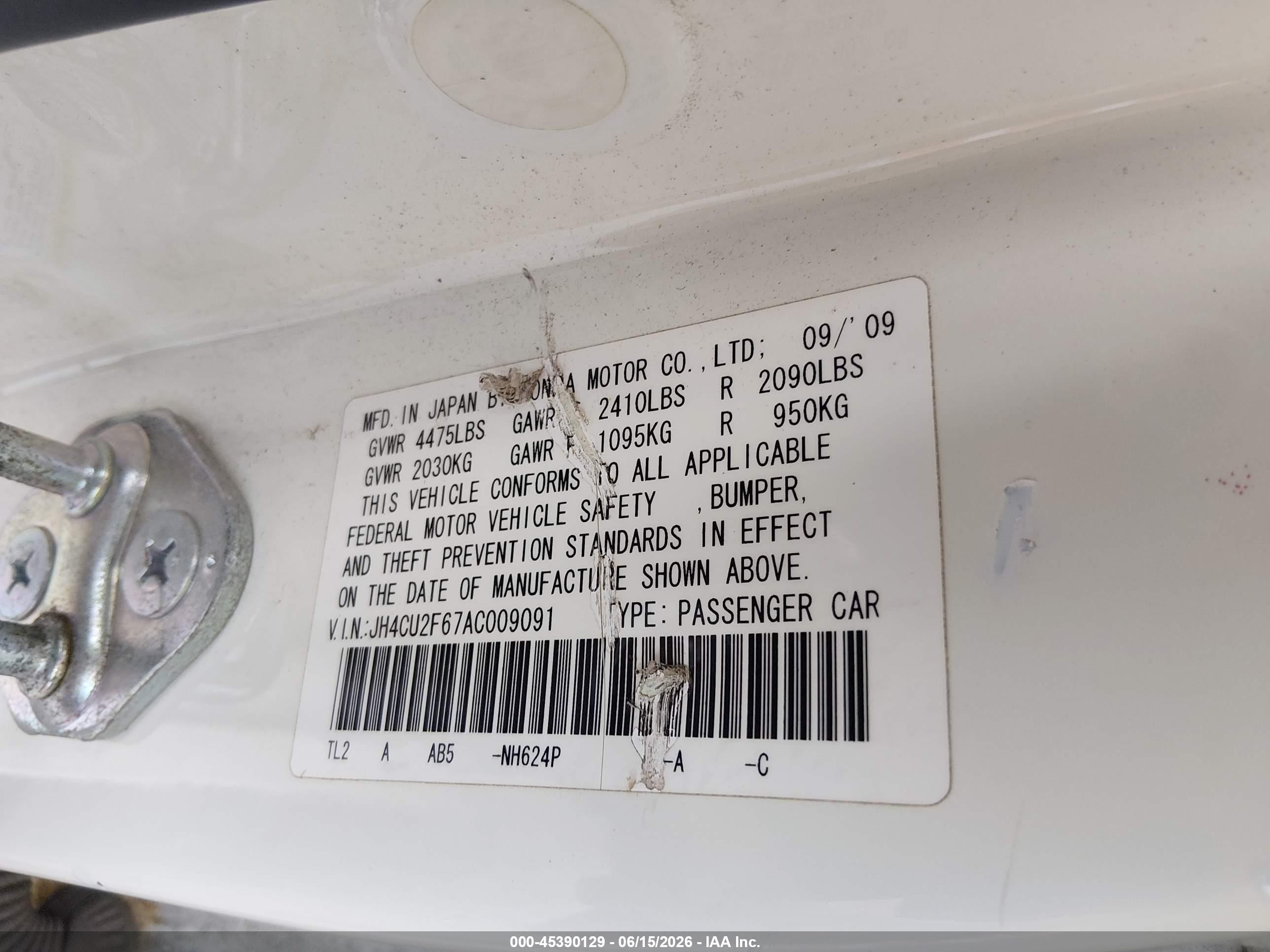 2010 Acura Tsx 2.4 White vin: JH4CU2F67AC009091