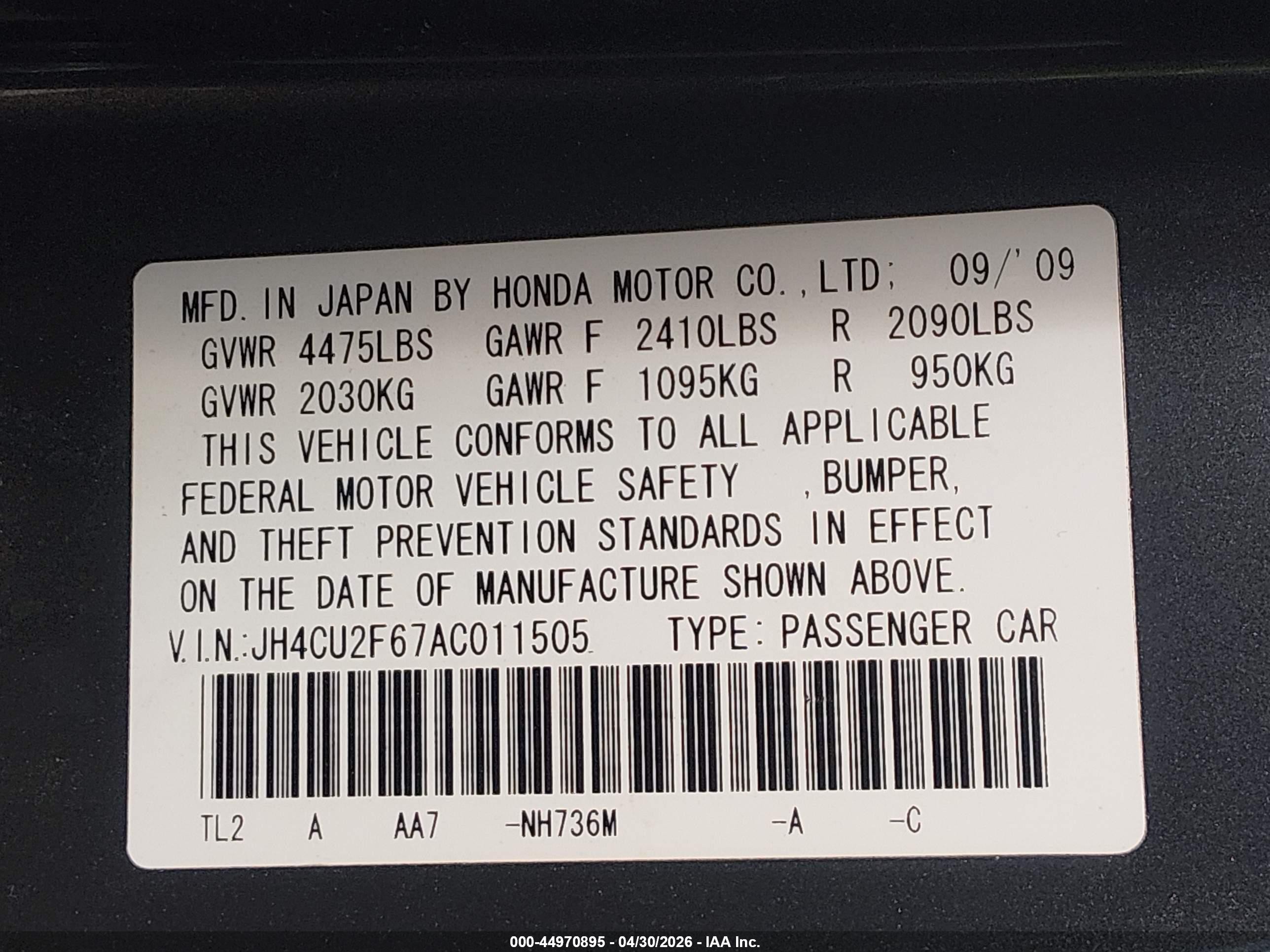 2010 Acura Tsx 2.4 Gray vin: JH4CU2F67AC011505