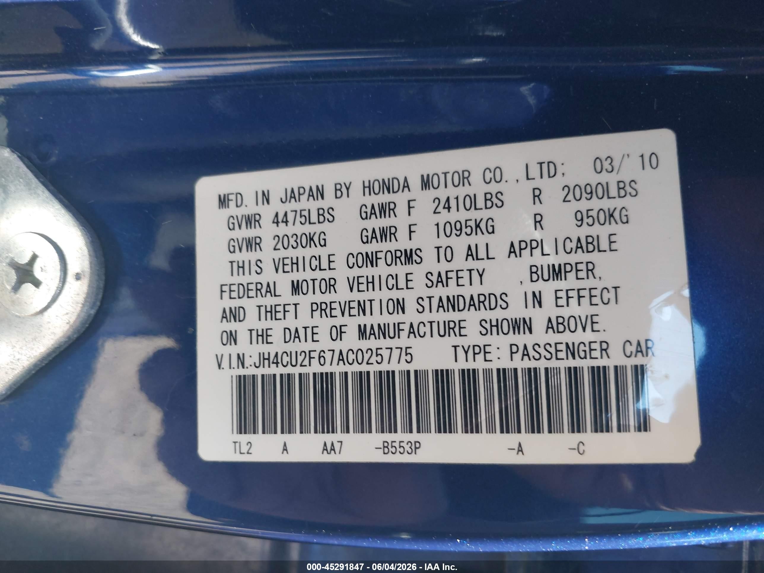 2010 Acura Tsx 2.4 Blue vin: JH4CU2F67AC025775