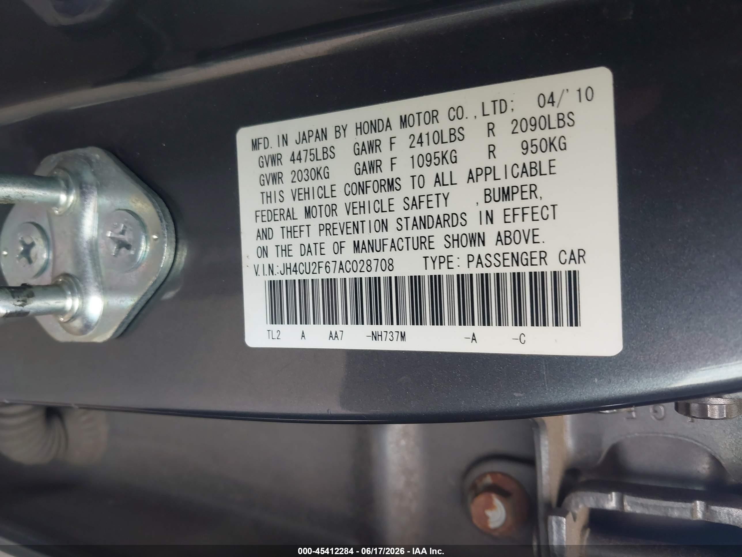 2010 Acura Tsx 2.4 Gray vin: JH4CU2F67AC028708