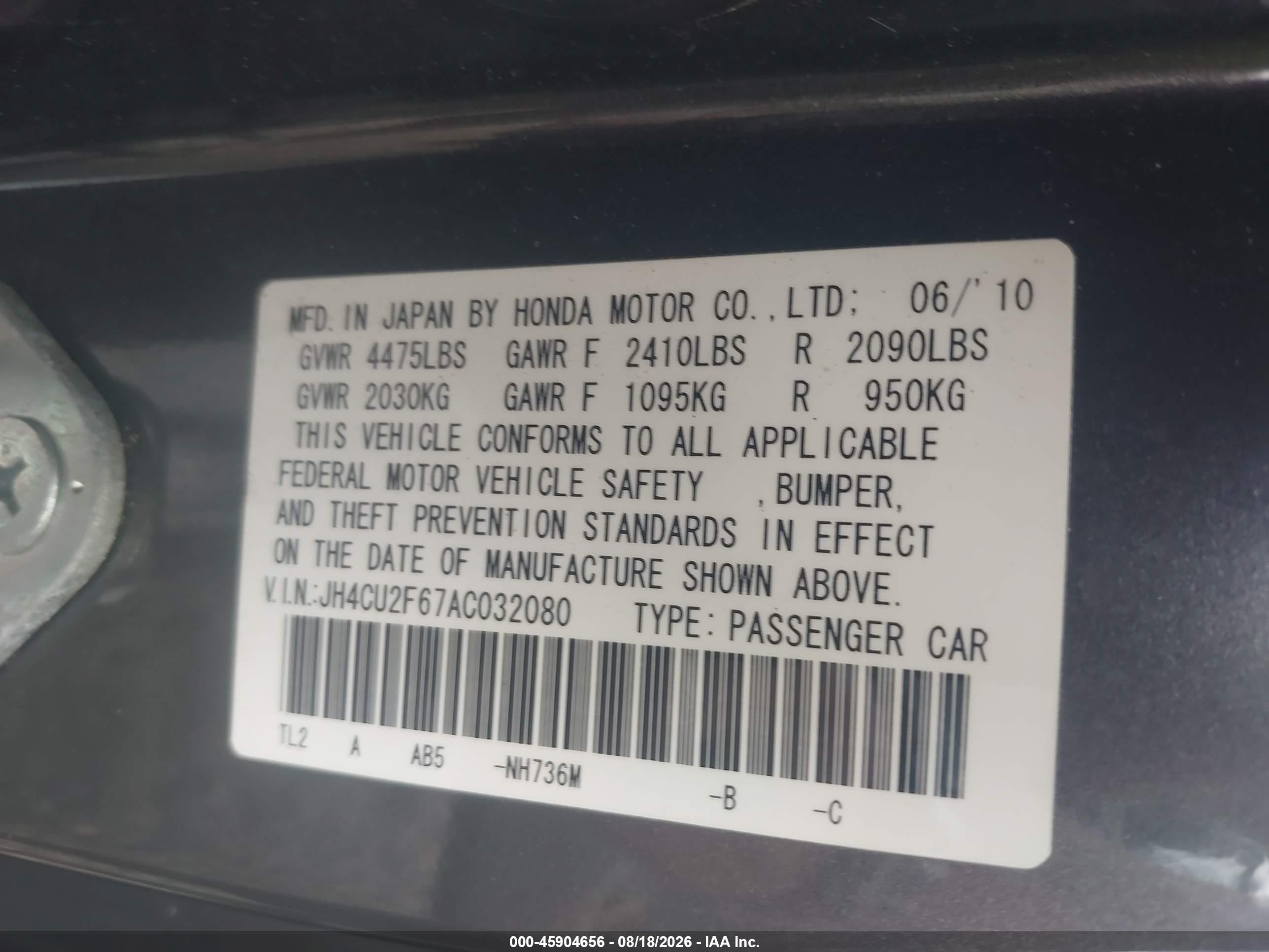 2010 Acura Tsx 2.4 Gray vin: JH4CU2F67AC032080