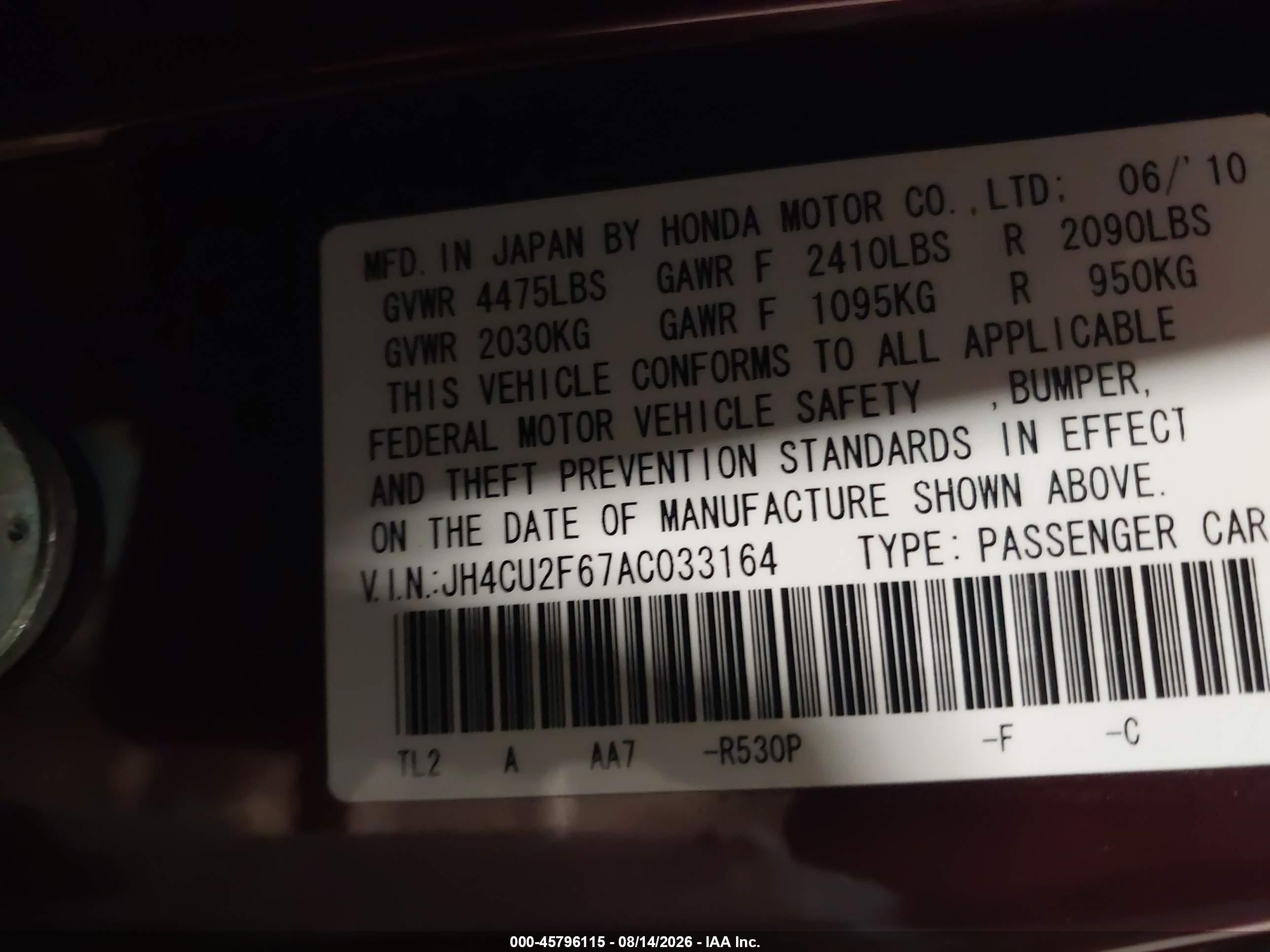 2010 Acura Tsx 2.4 Maroon vin: JH4CU2F67AC033164