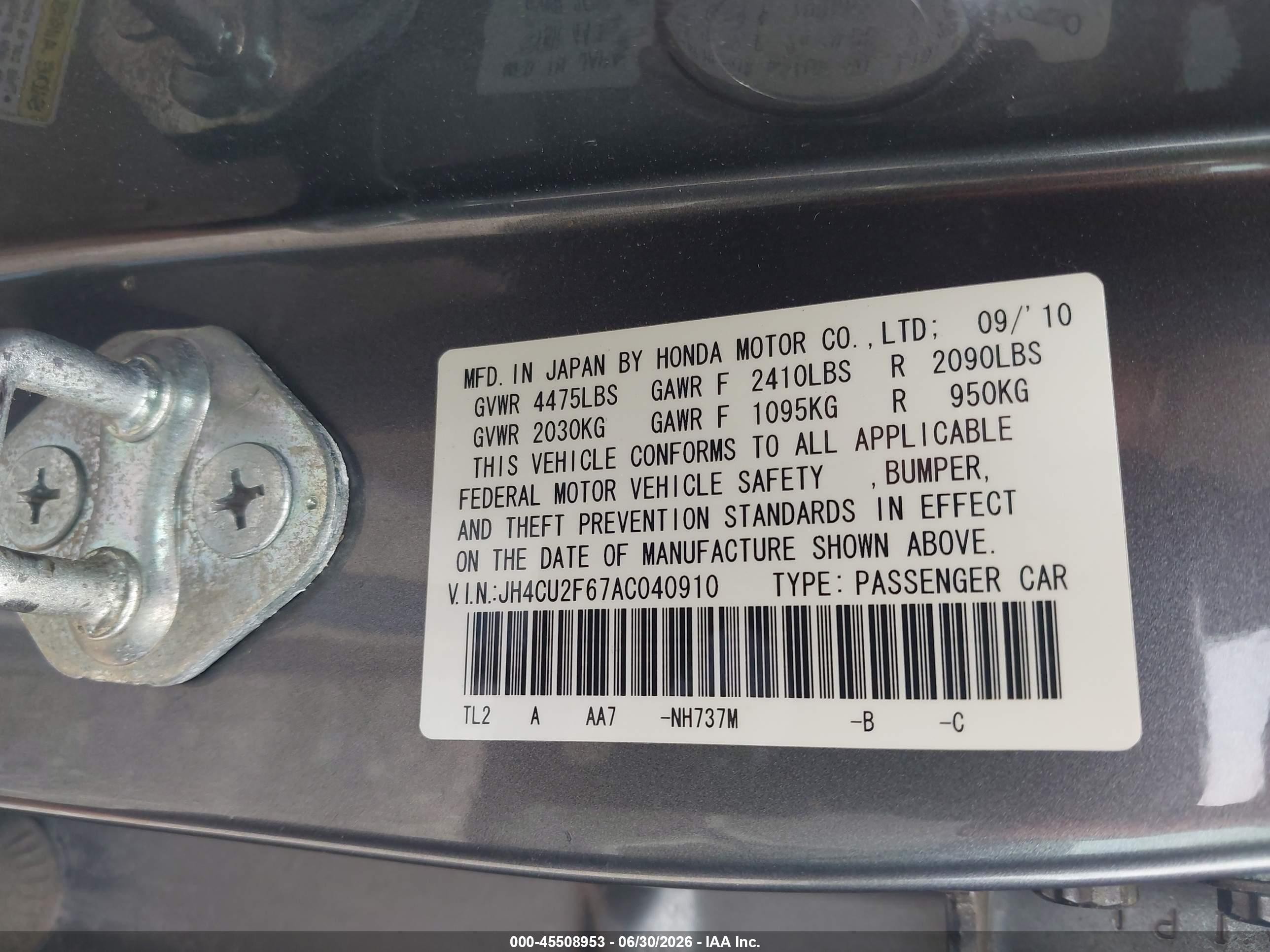 2010 Acura Tsx 2.4 Gray vin: JH4CU2F67AC040910