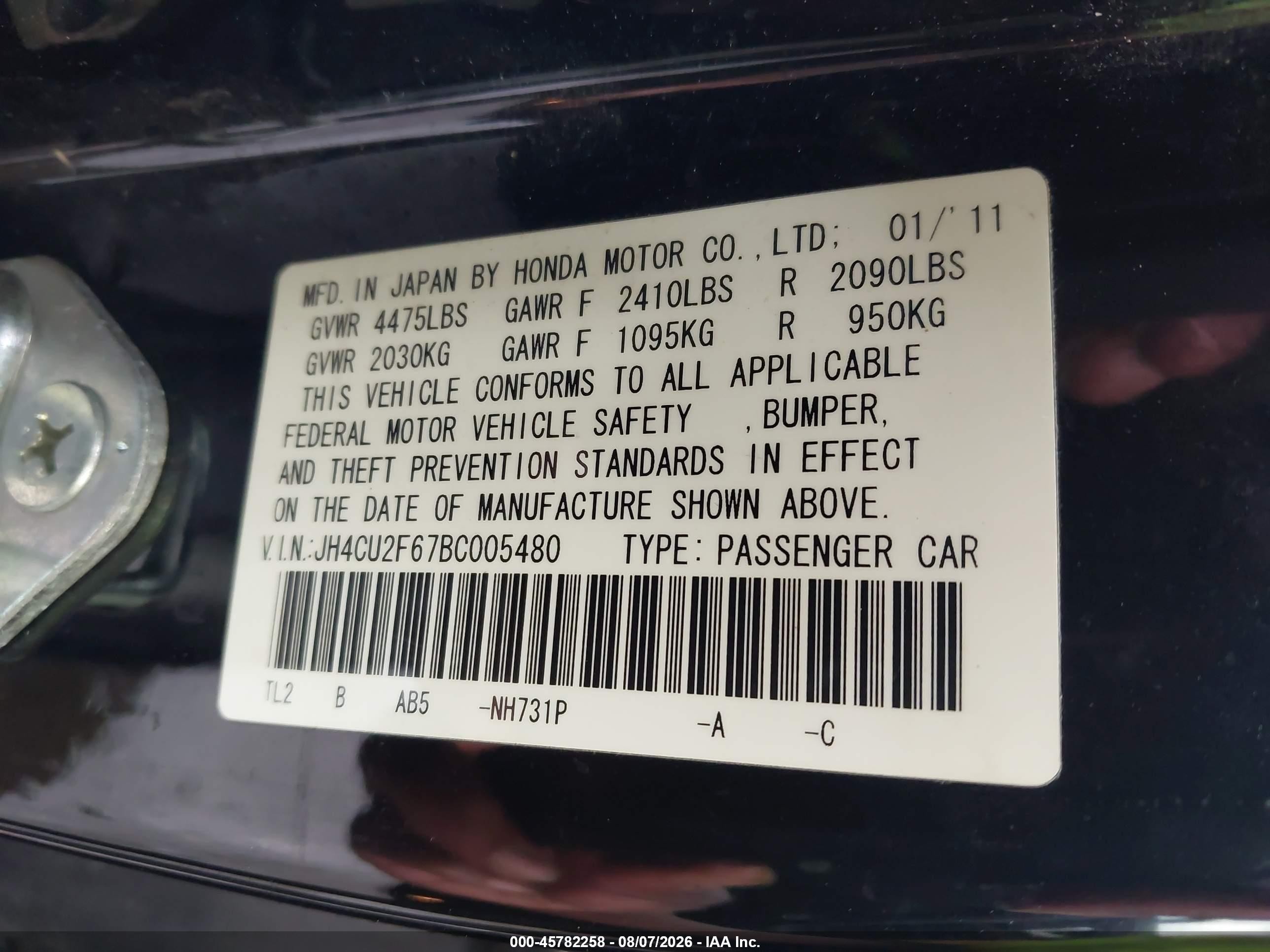 2011 Acura Tsx 2.4 Black vin: JH4CU2F67BC005480