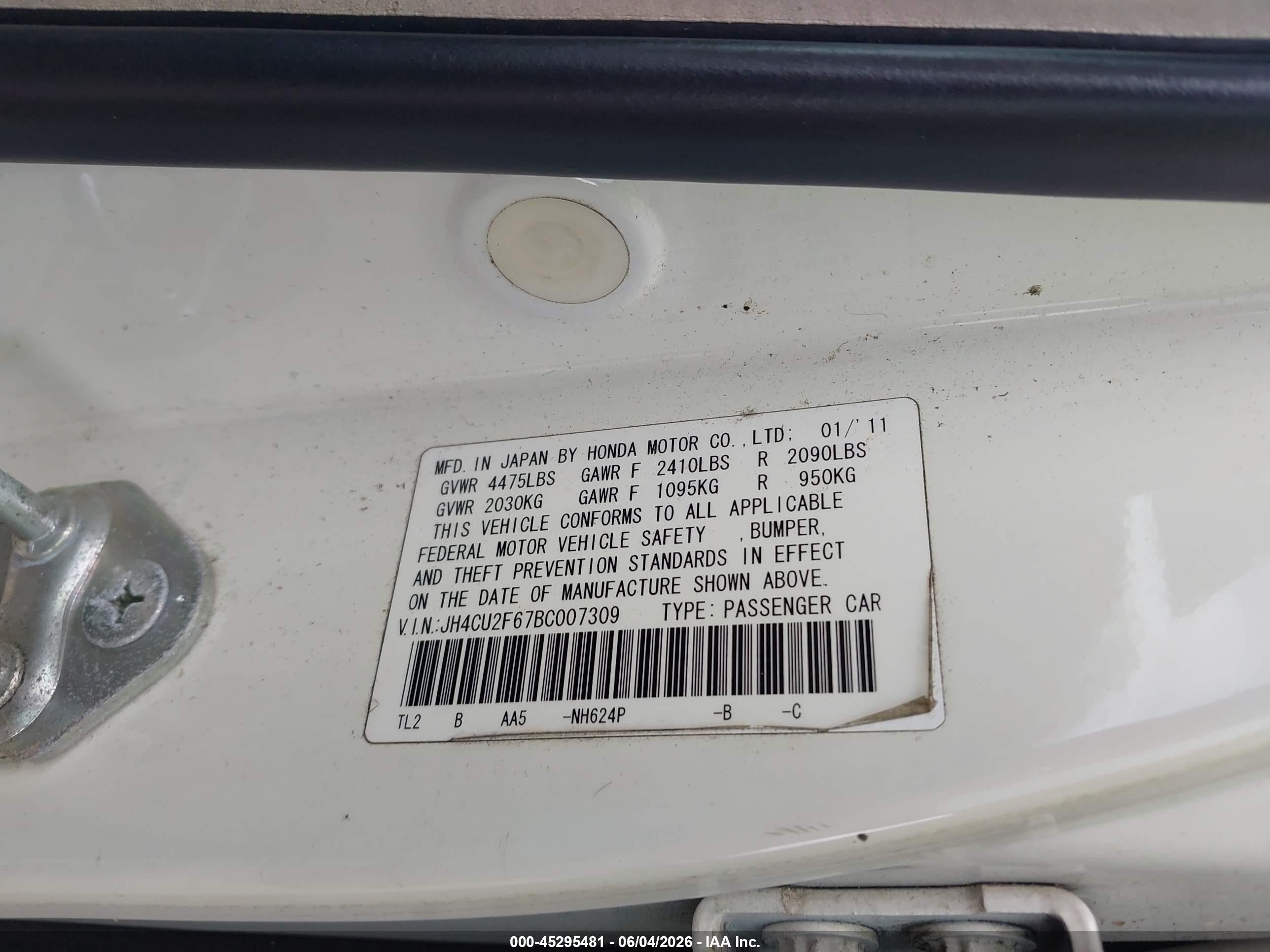 2011 Acura Tsx 2.4 White vin: JH4CU2F67BC007309