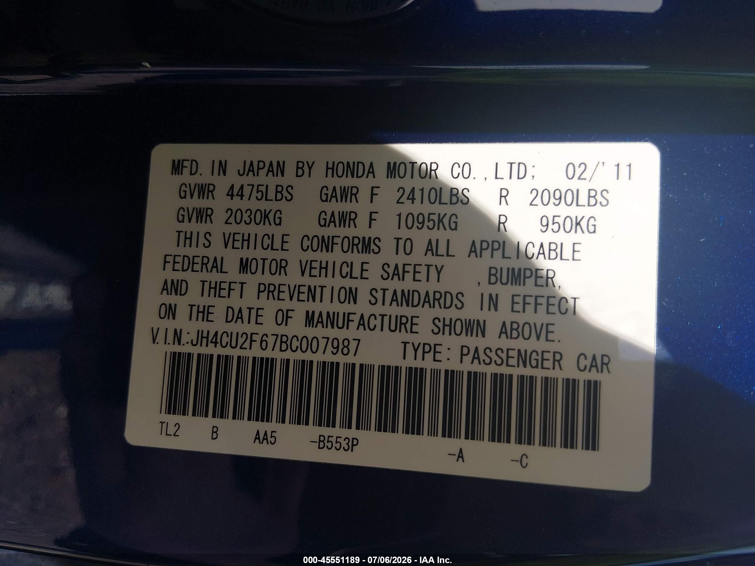 2011 Acura Tsx 2.4 Blue vin: JH4CU2F67BC007987