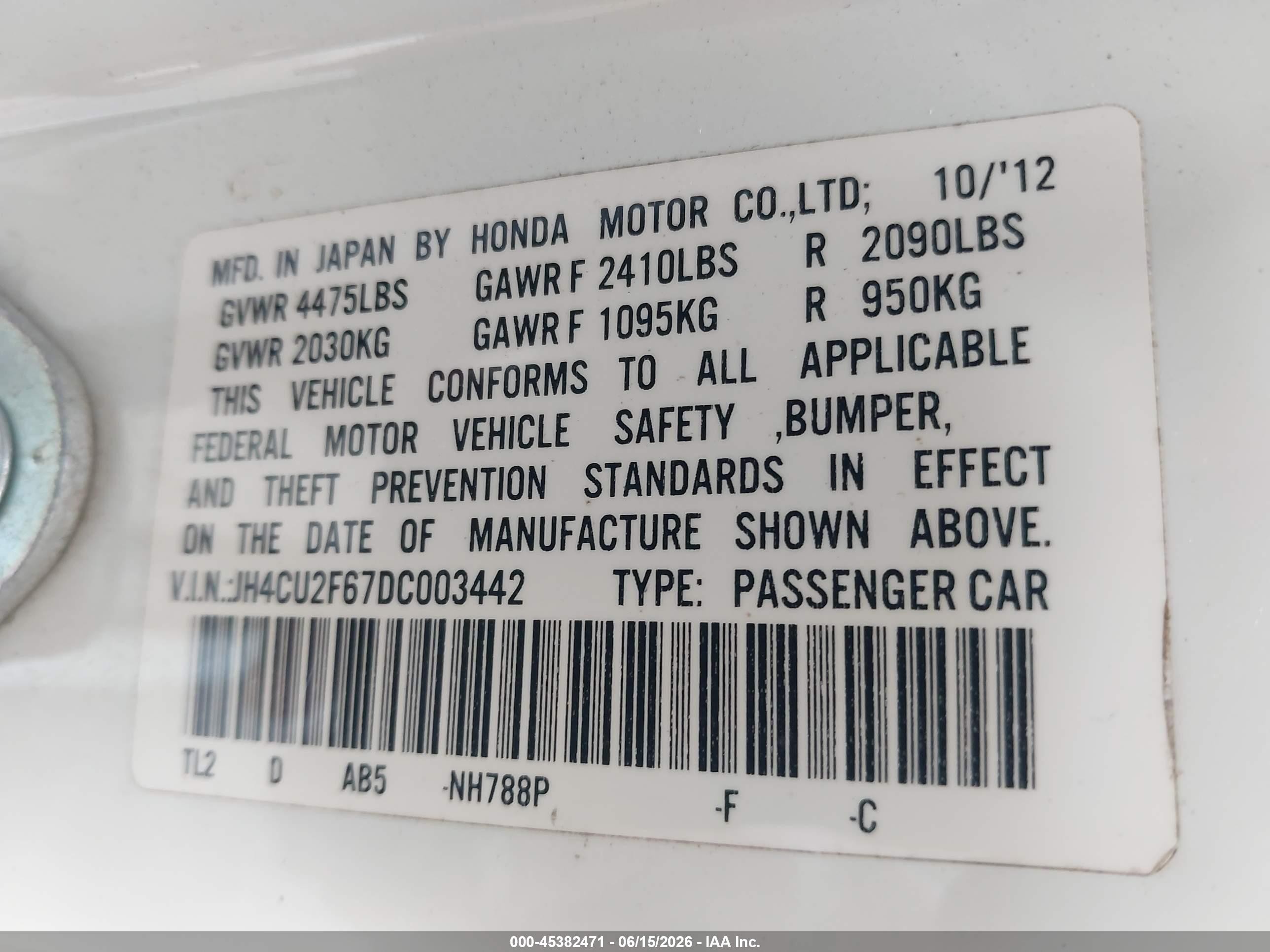 2013 Acura Tsx 2.4 White vin: JH4CU2F67DC003442