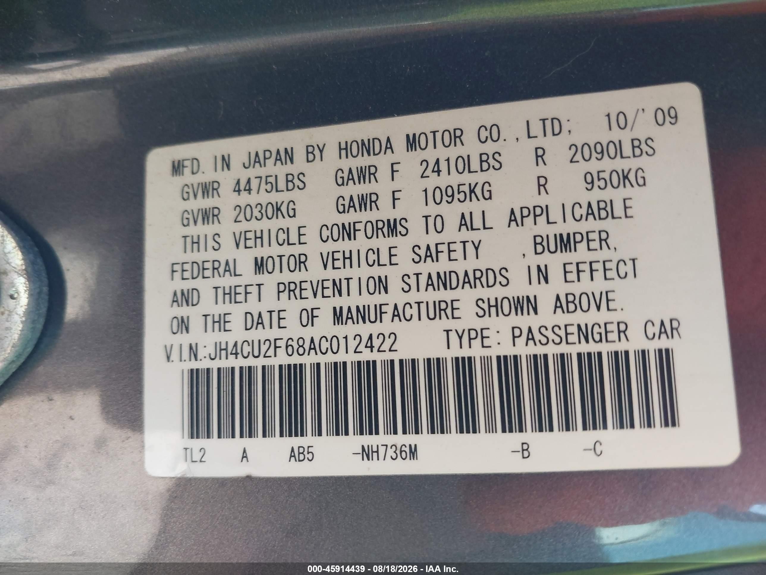 2010 Acura Tsx 2.4 Black vin: JH4CU2F68AC012422
