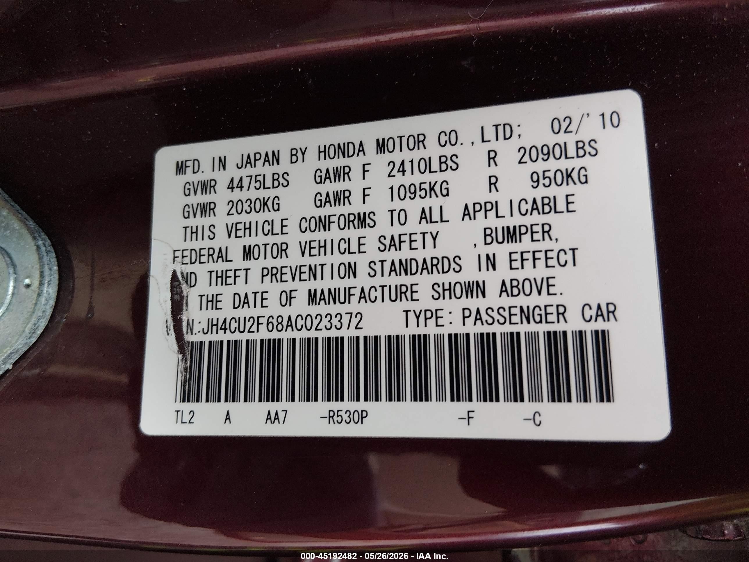2010 Acura Tsx 2.4 Maroon vin: JH4CU2F68AC023372