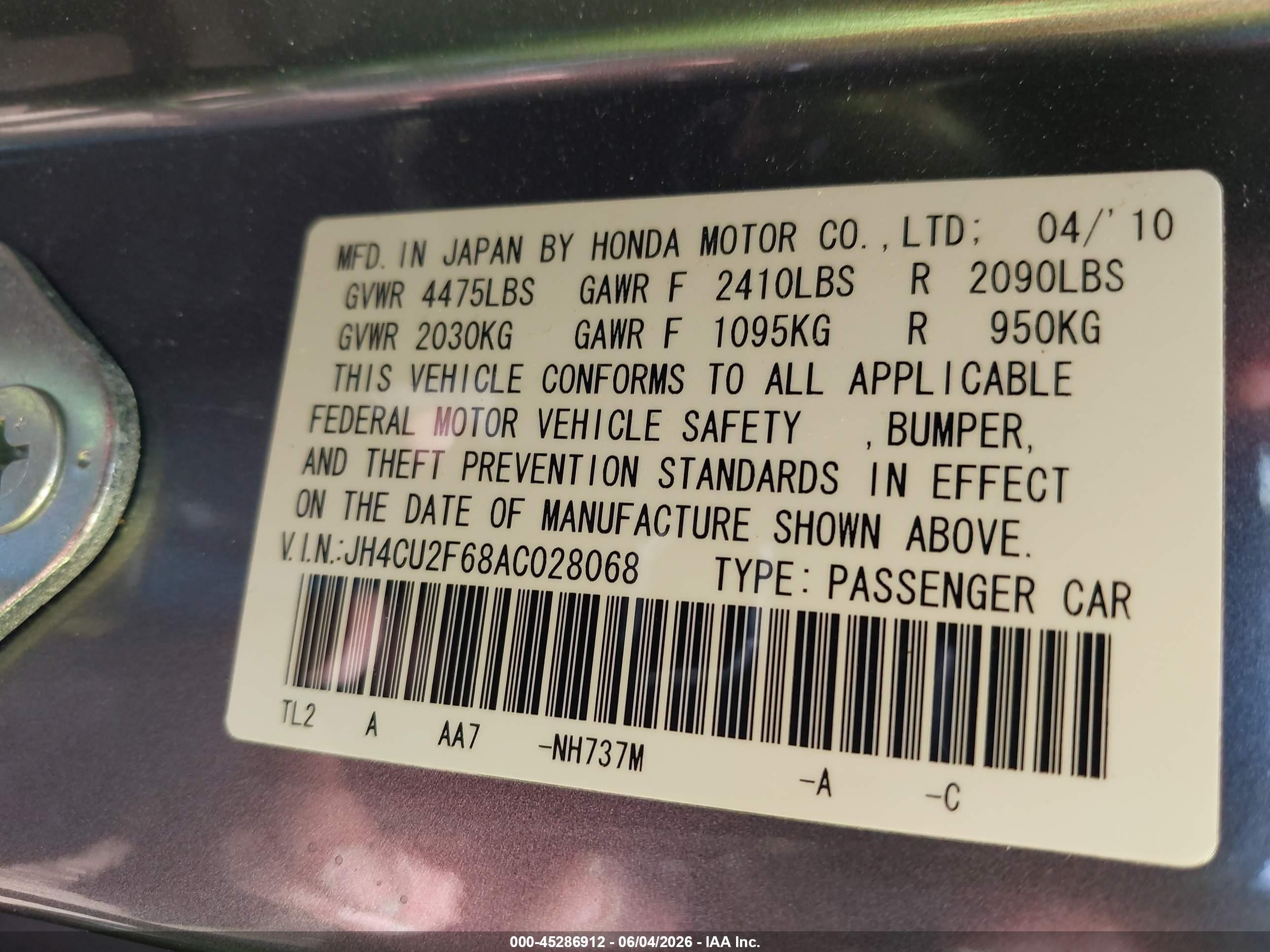 2010 Acura Tsx 2.4 Black vin: JH4CU2F68AC028068
