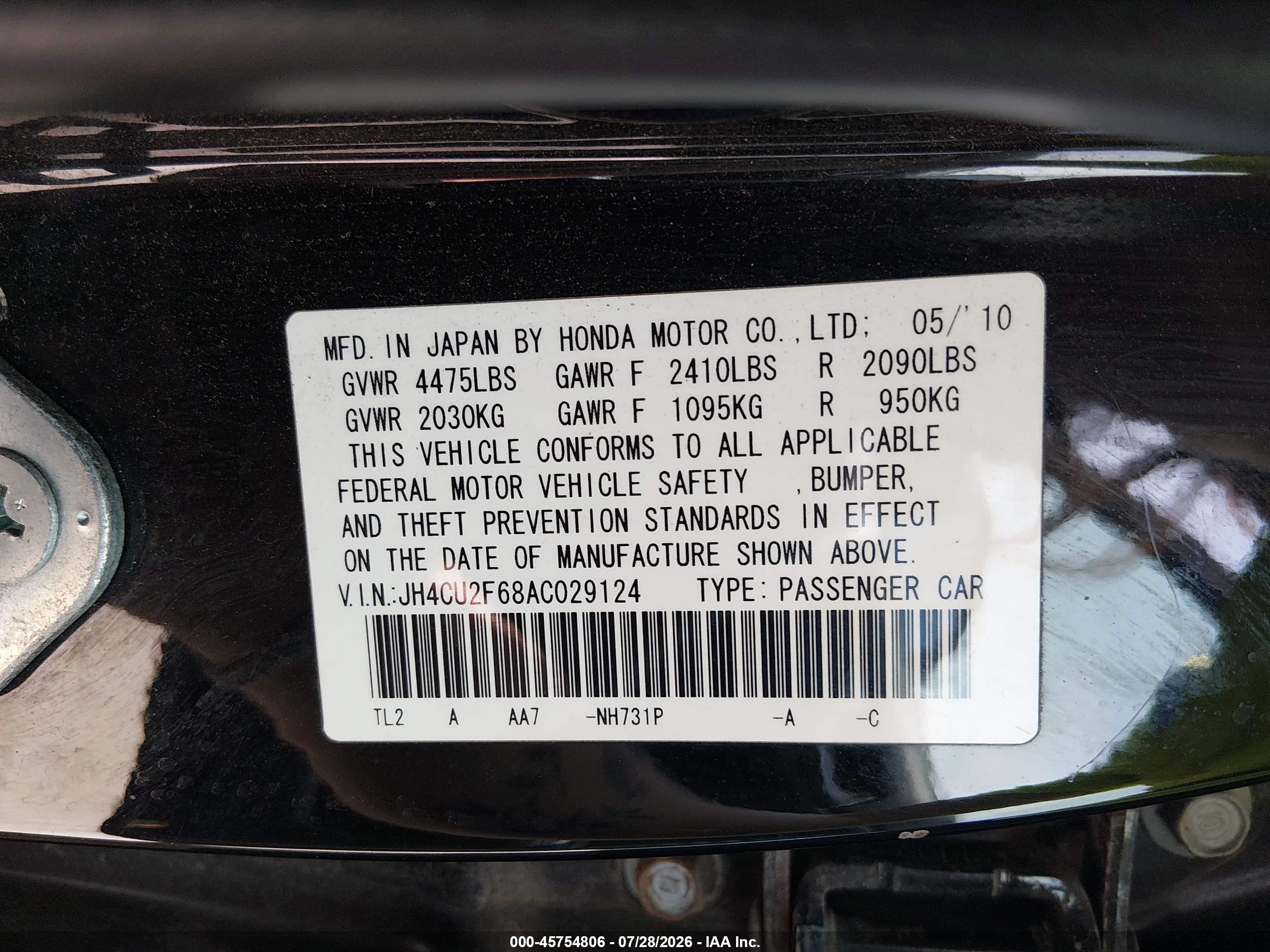 2010 Acura Tsx 2.4 Black vin: JH4CU2F68AC029124