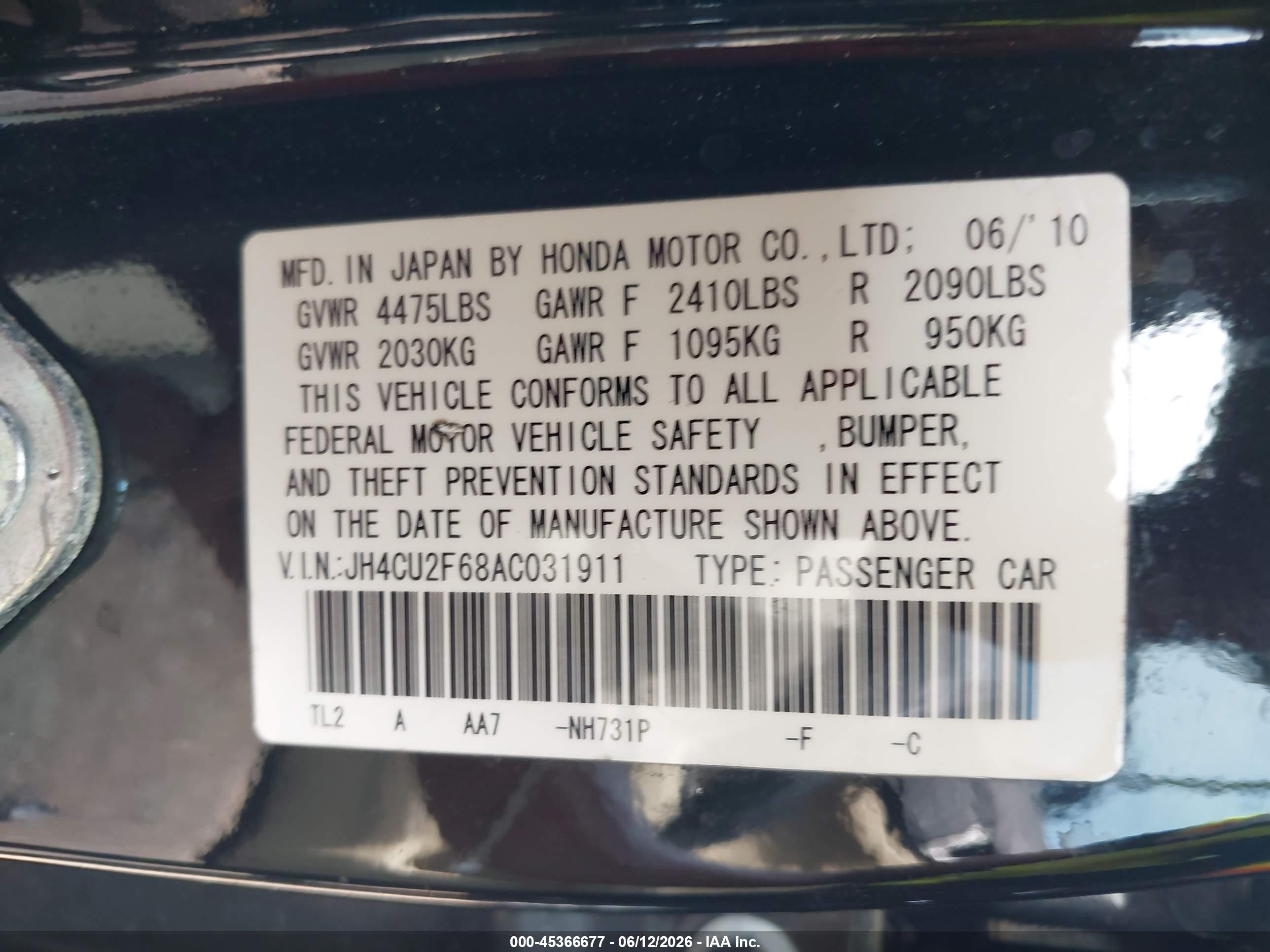 2010 Acura Tsx 2.4 Black vin: JH4CU2F68AC031911