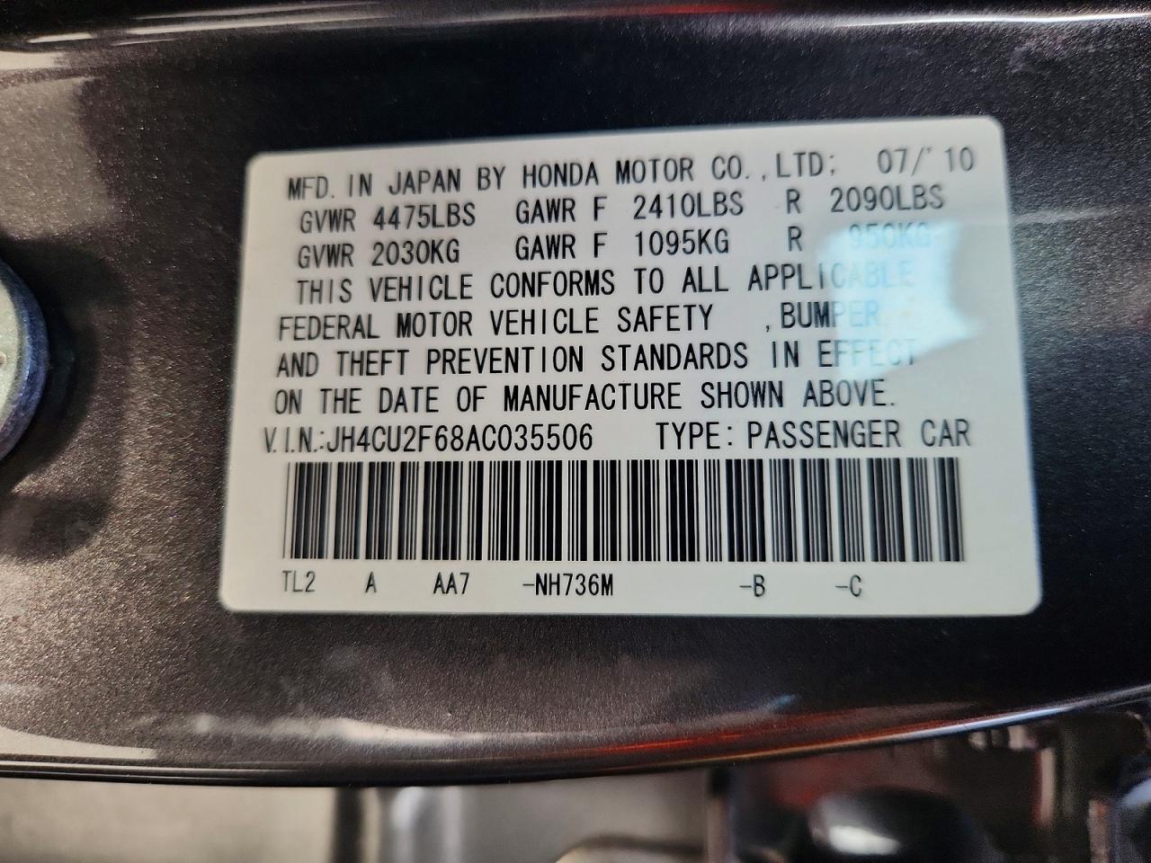 2010 Acura Tsx Gray vin: JH4CU2F68AC035506