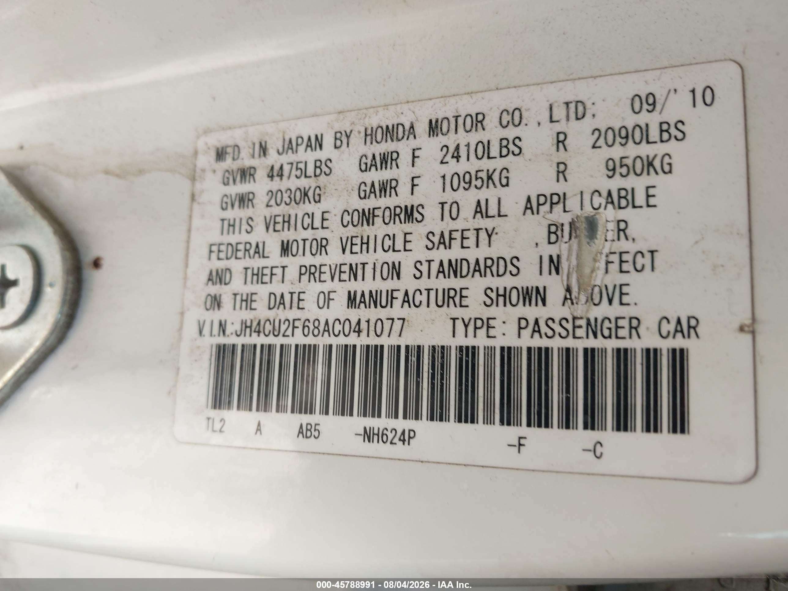 2010 Acura Tsx 2.4 Белый vin: JH4CU2F68AC041077