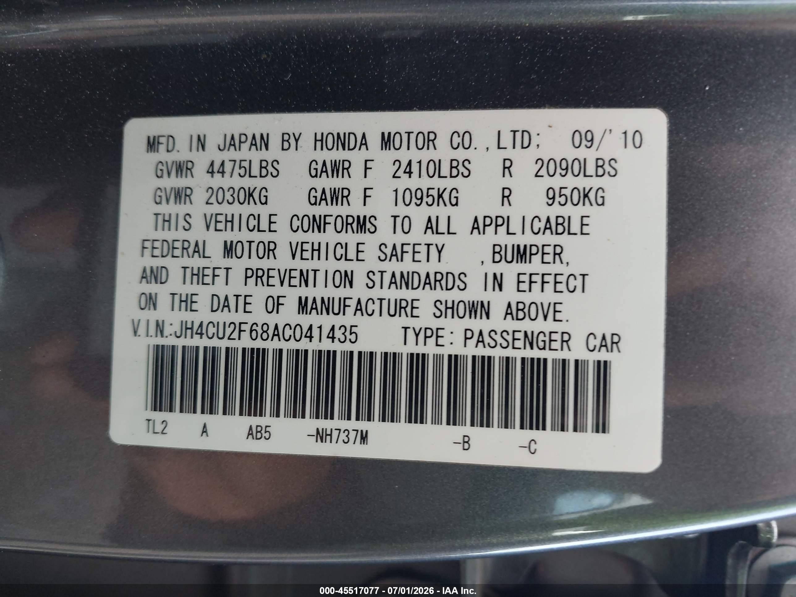 2010 Acura Tsx 2.4 Gray vin: JH4CU2F68AC041435