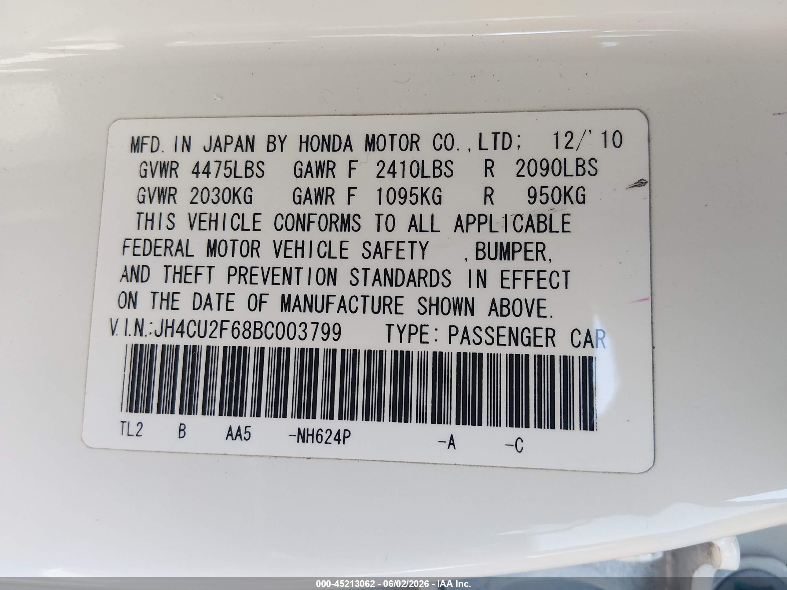 2011 Acura Tsx 2.4 White vin: JH4CU2F68BC003799