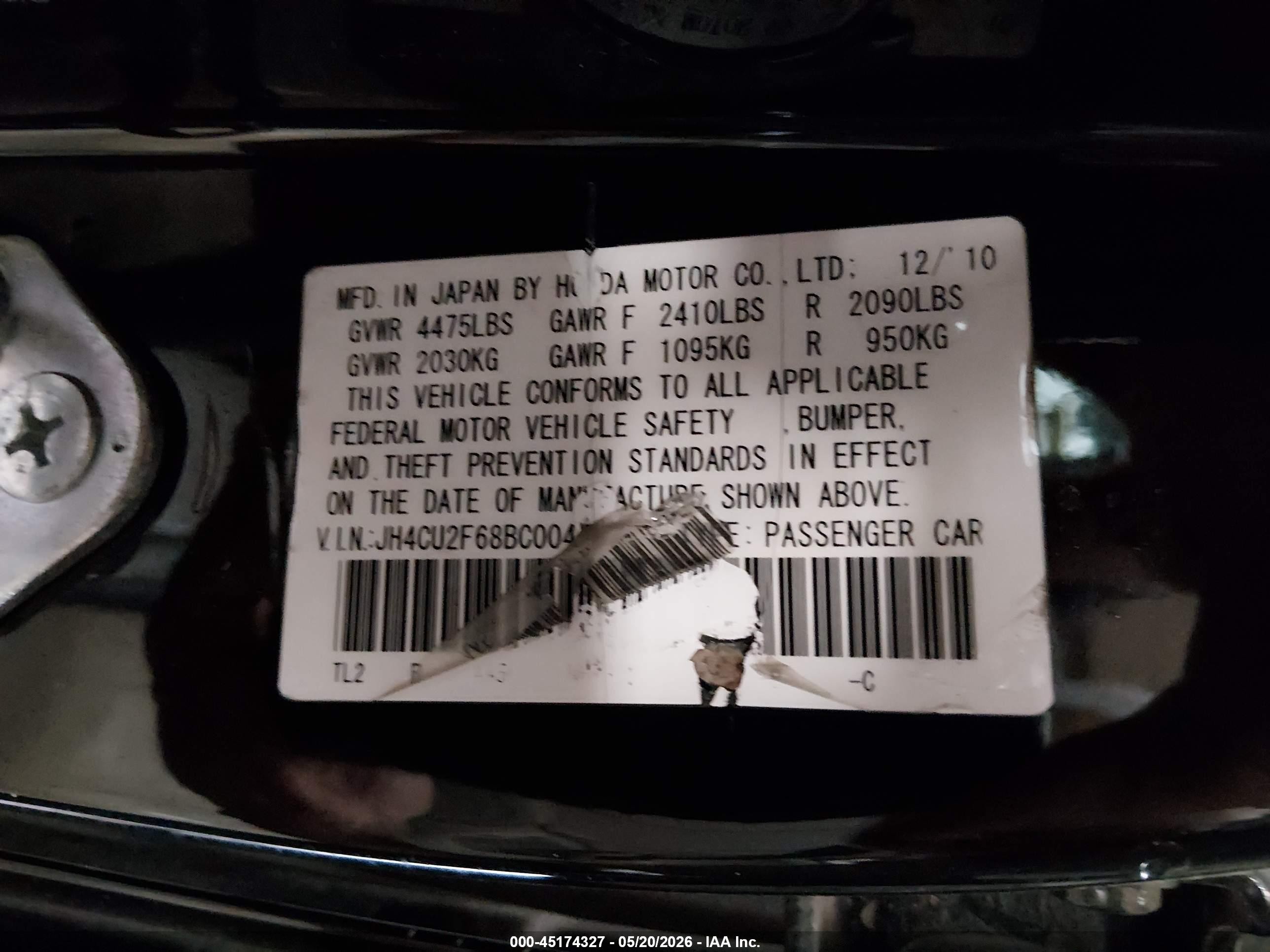 2011 Acura Tsx 2.4 Black vin: JH4CU2F68BC004497