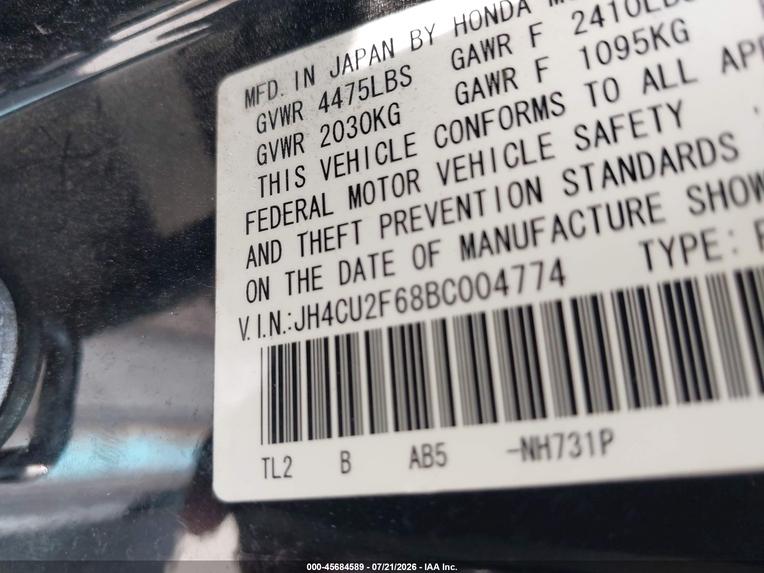 2011 Acura Tsx 2.4 Black vin: JH4CU2F68BC004774