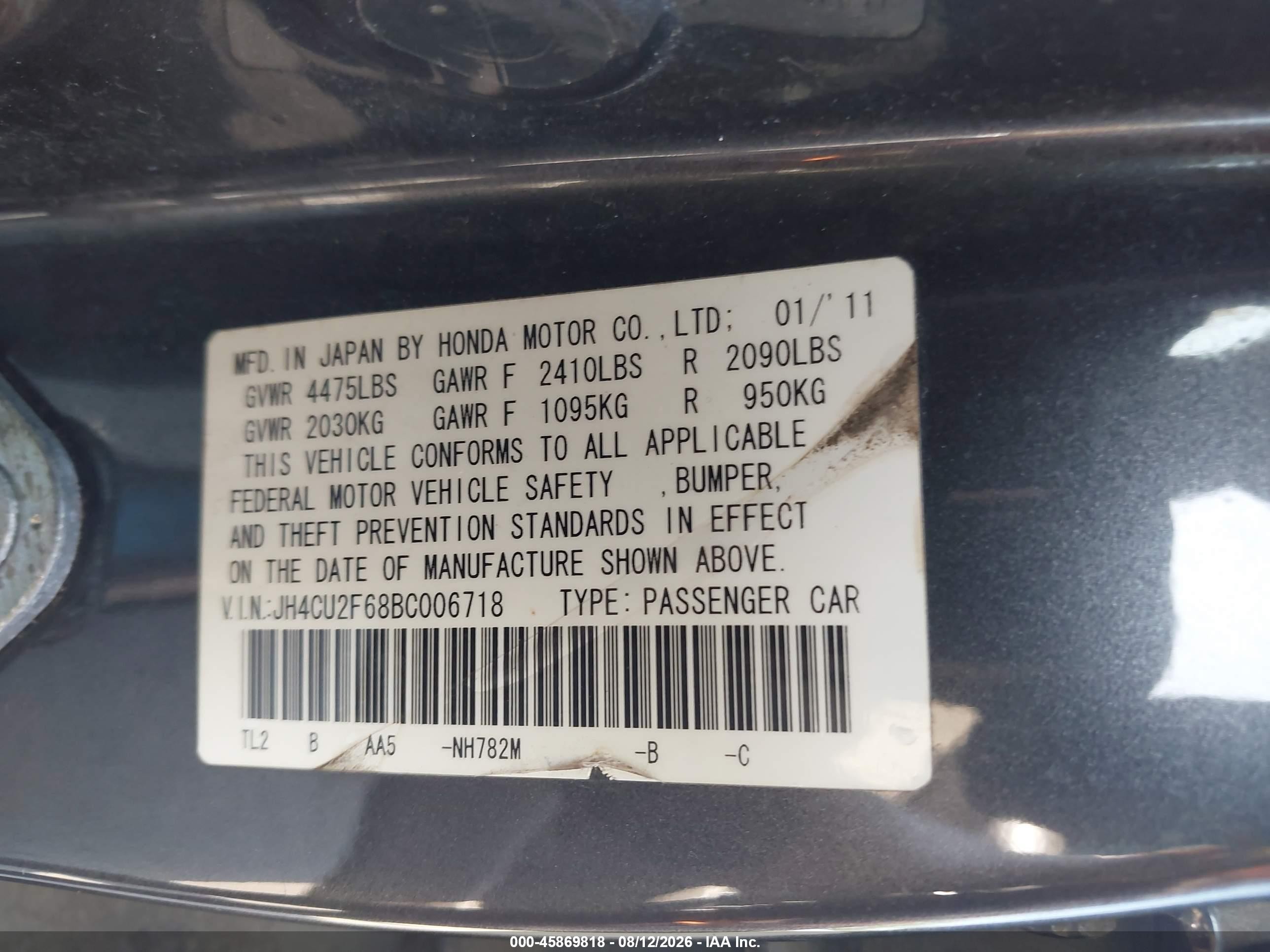2011 Acura Tsx 2.4 Gray vin: JH4CU2F68BC006718