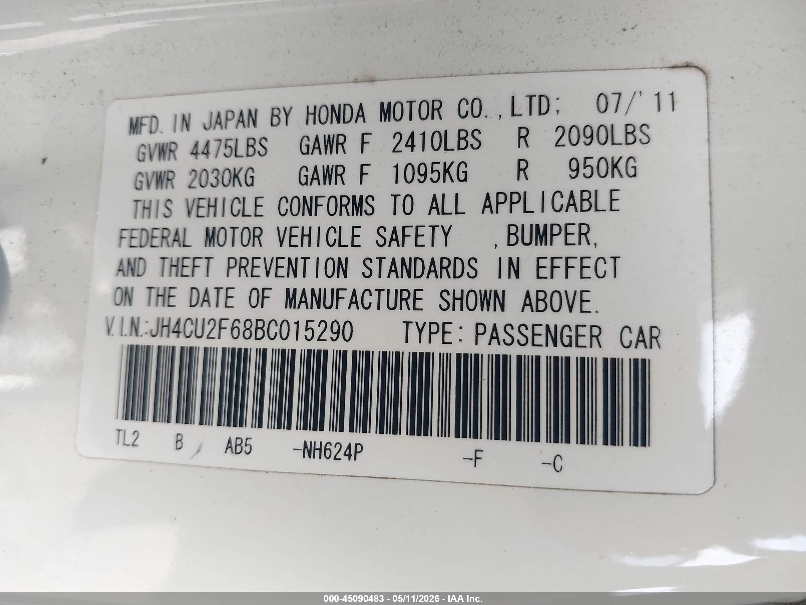 2011 Acura Tsx 2.4 White vin: JH4CU2F68BC015290