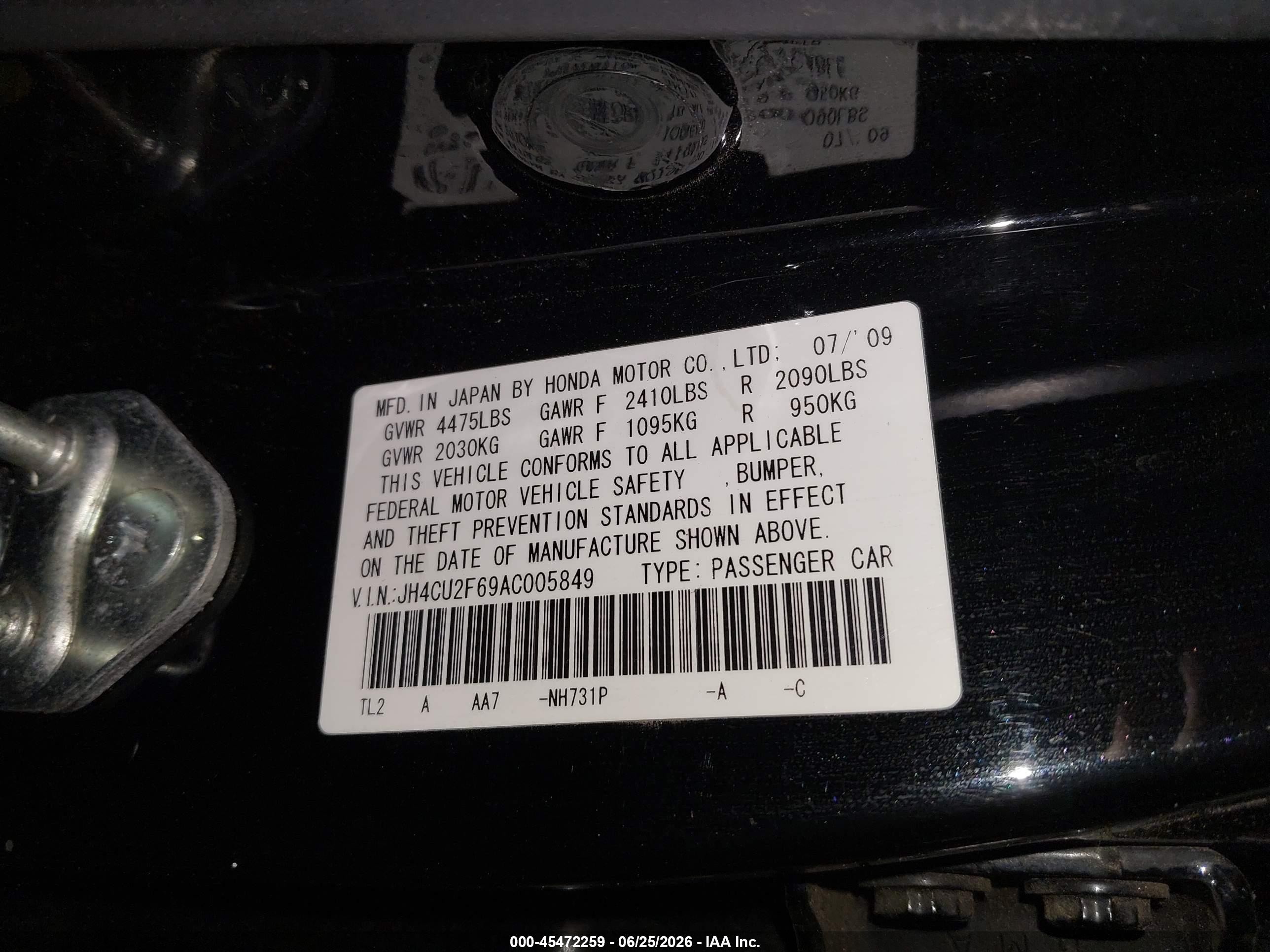 2010 Acura Tsx 2.4 Black vin: JH4CU2F69AC005849