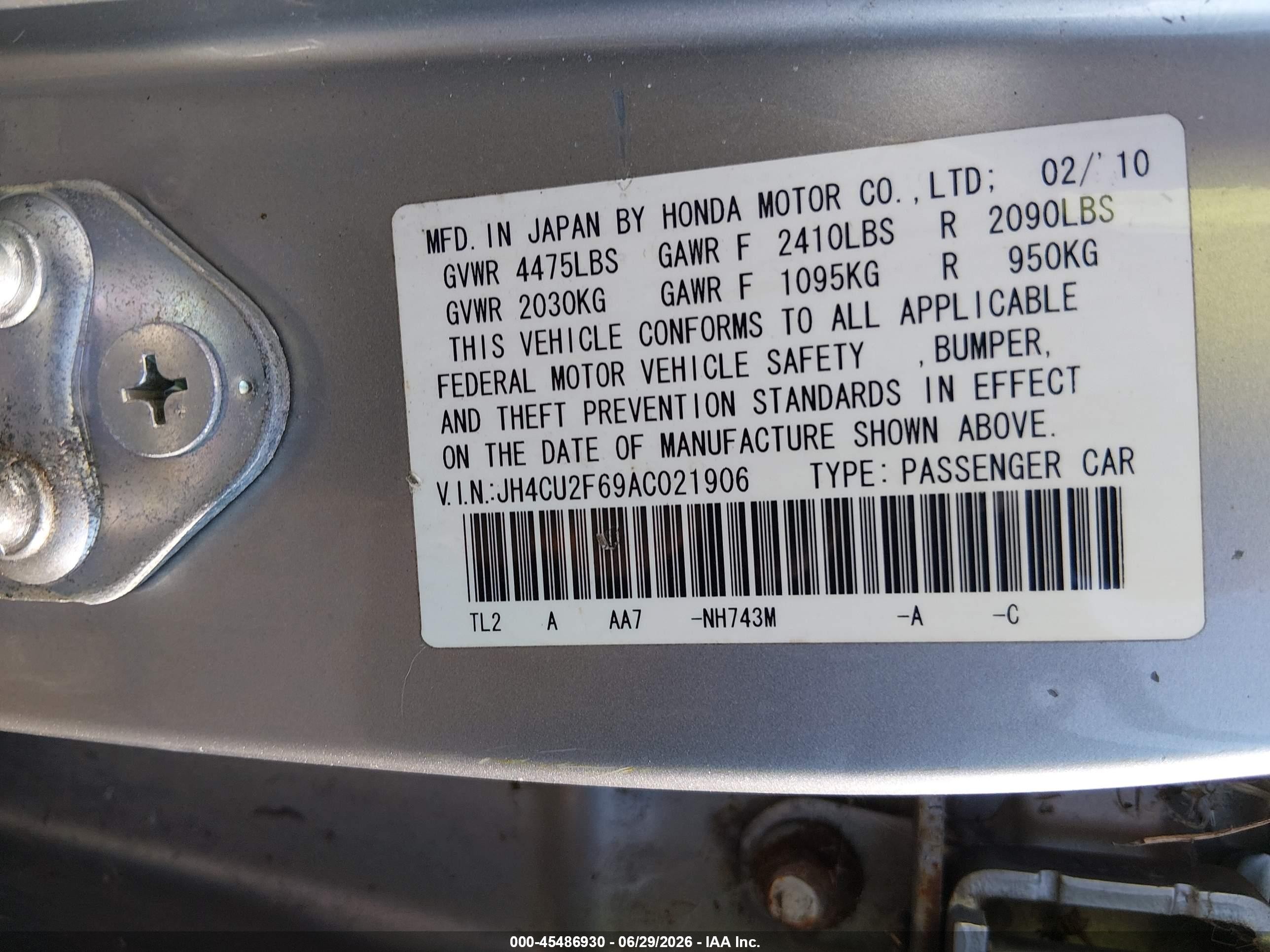 2010 Acura Tsx 2.4 Silver vin: JH4CU2F69AC021906