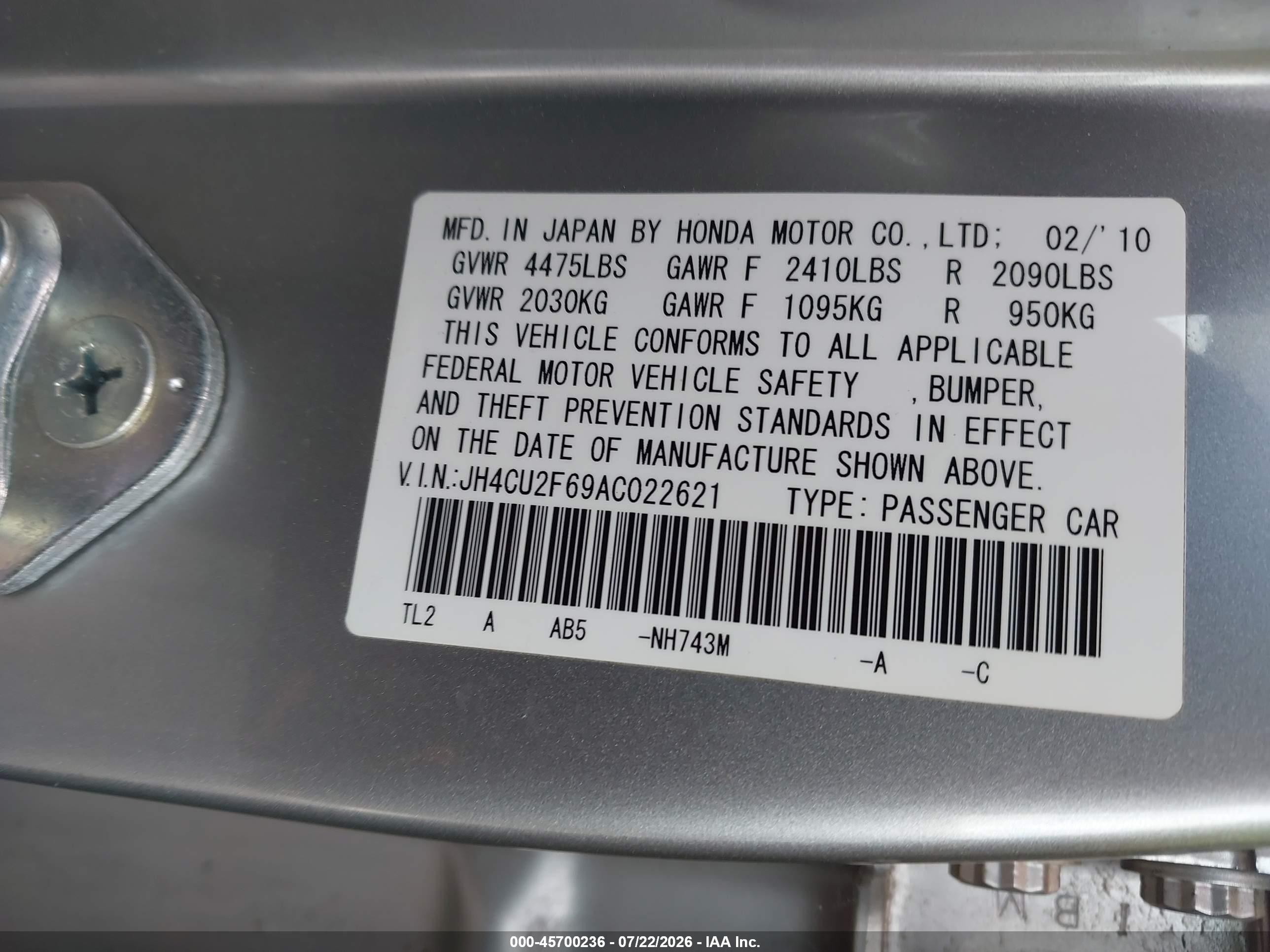 2010 Acura Tsx 2.4 Silver vin: JH4CU2F69AC022621