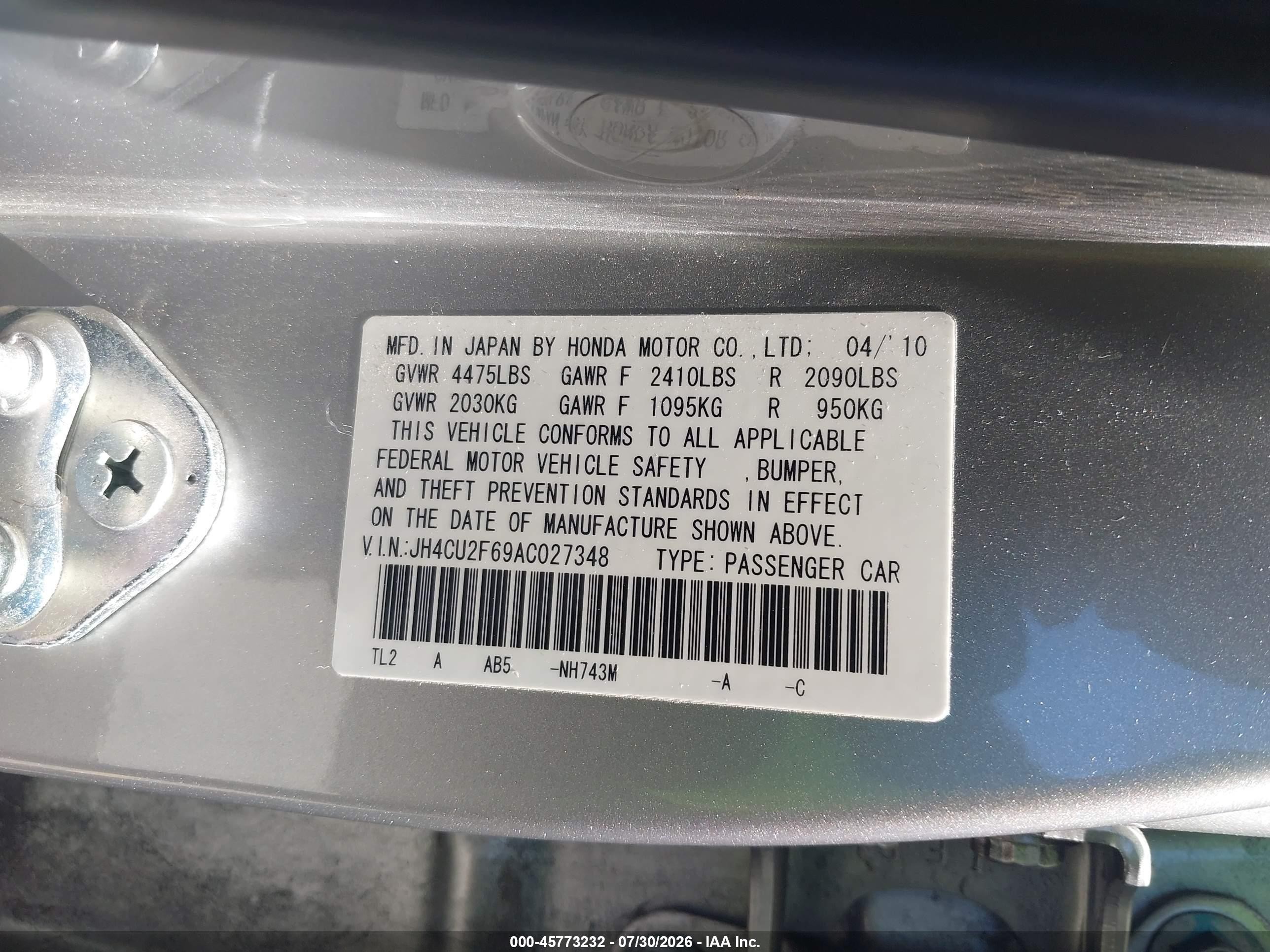 2010 Acura Tsx 2.4 Silver vin: JH4CU2F69AC027348