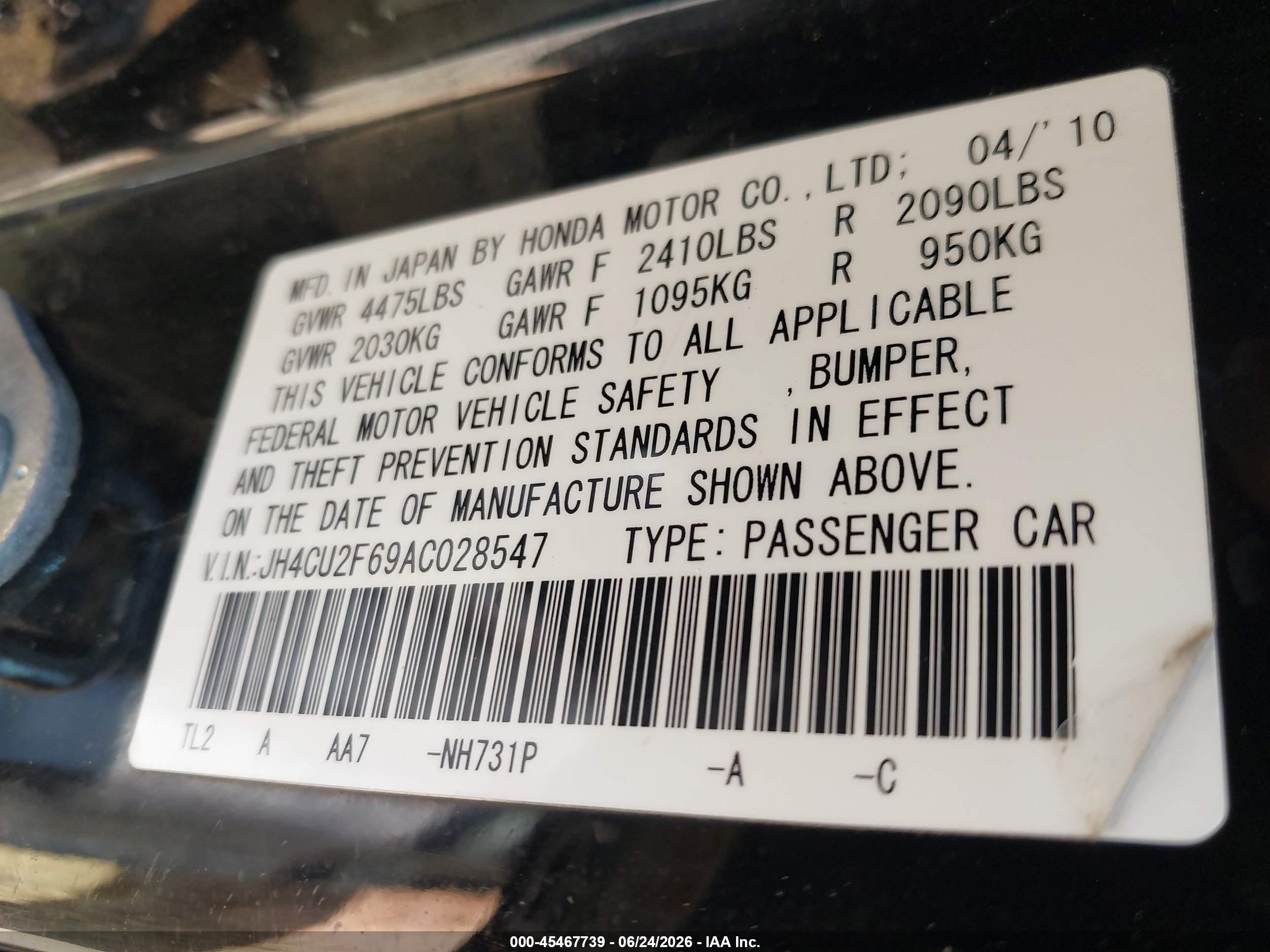 2010 Acura Tsx 2.4 Black vin: JH4CU2F69AC028547