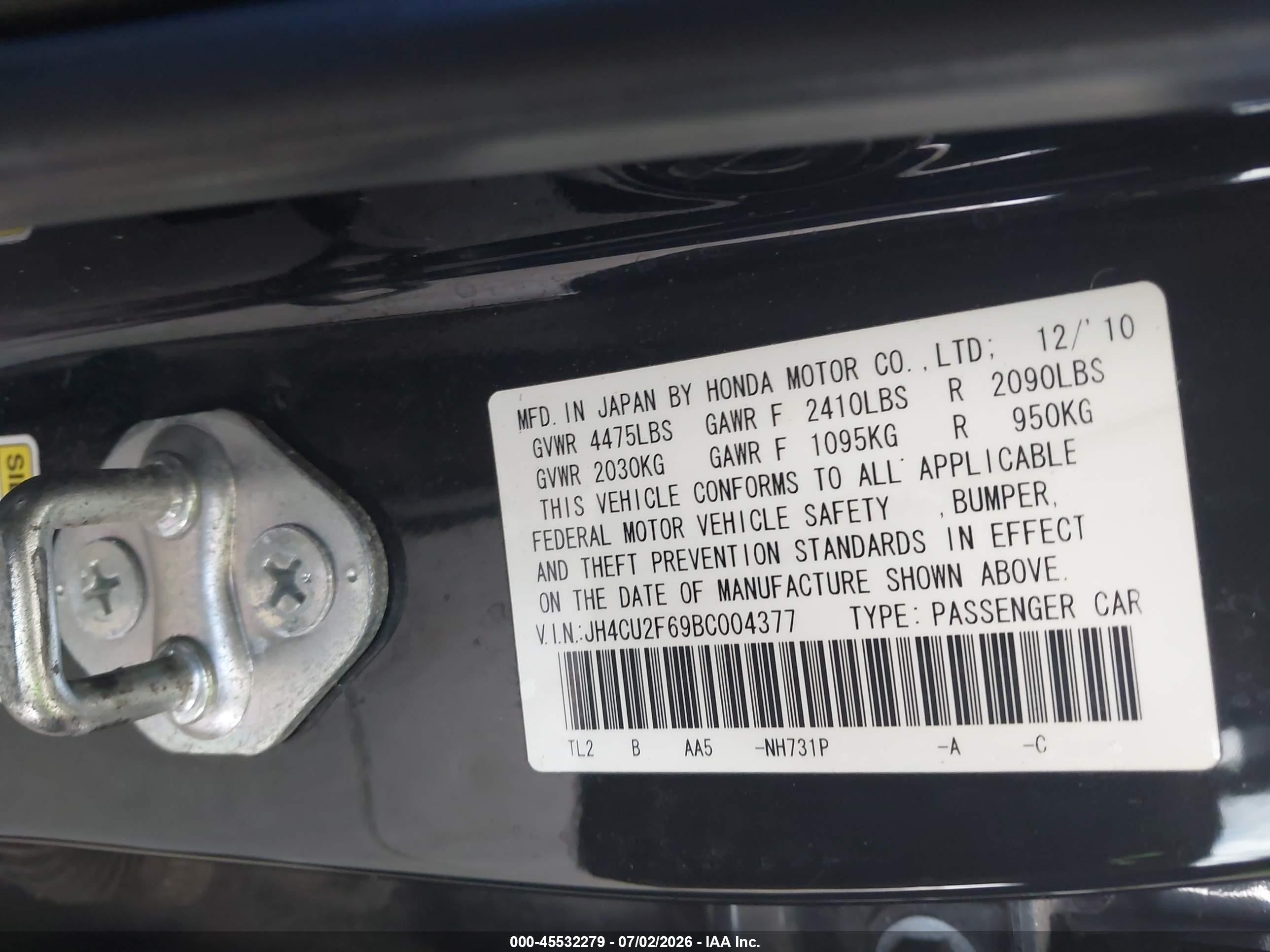 2011 Acura Tsx 2.4 Black vin: JH4CU2F69BC004377