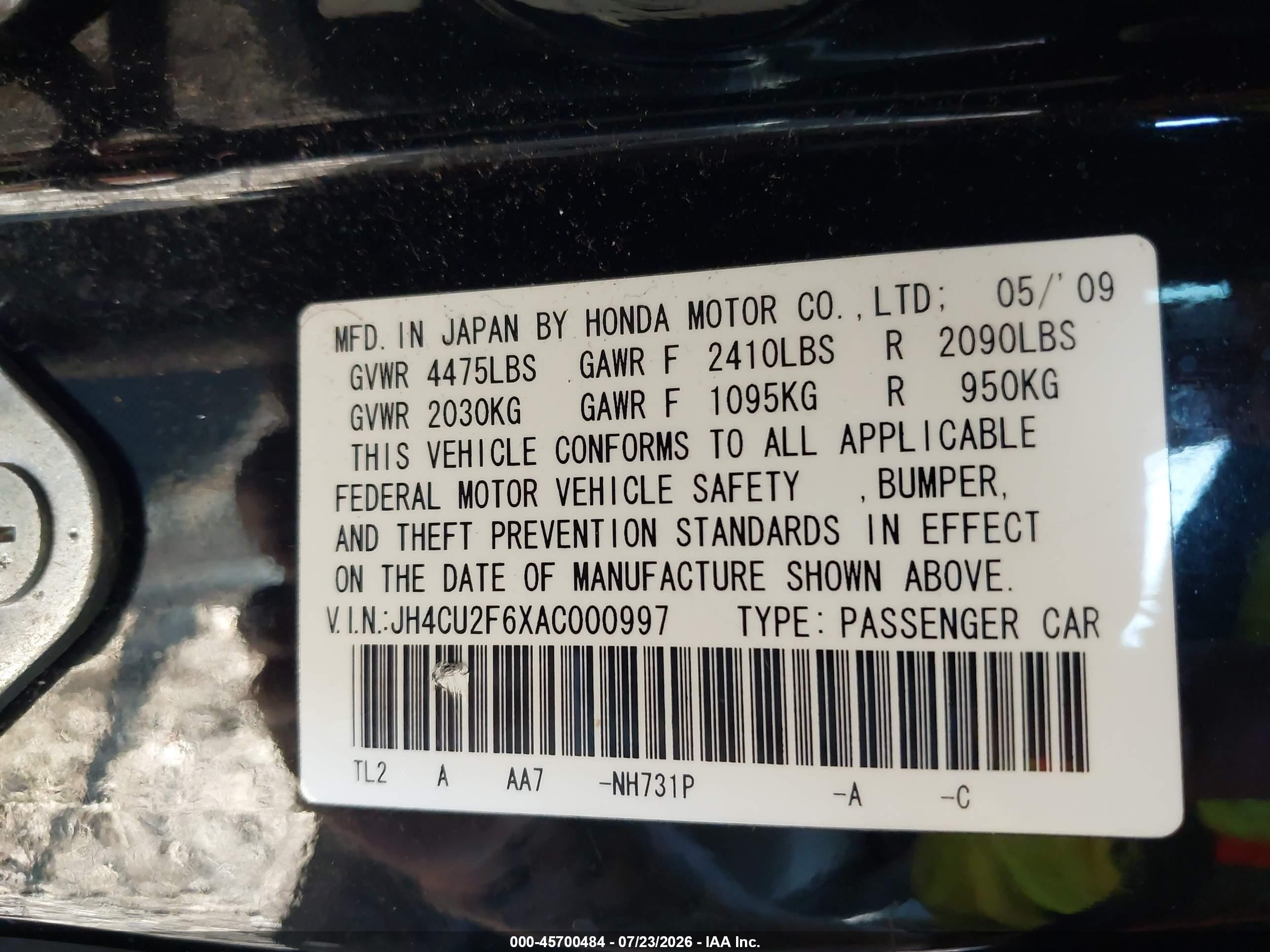 2010 Acura Tsx   Black vin: JH4CU2F6XAC000997
