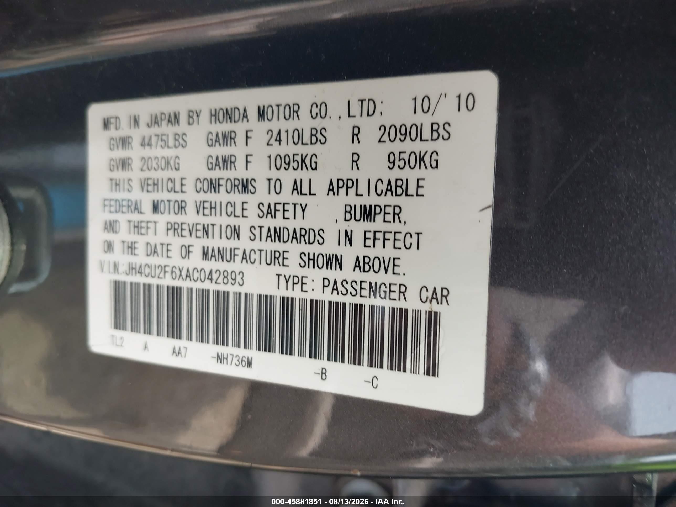 2010 Acura Tsx 2.4 Gray vin: JH4CU2F6XAC042893