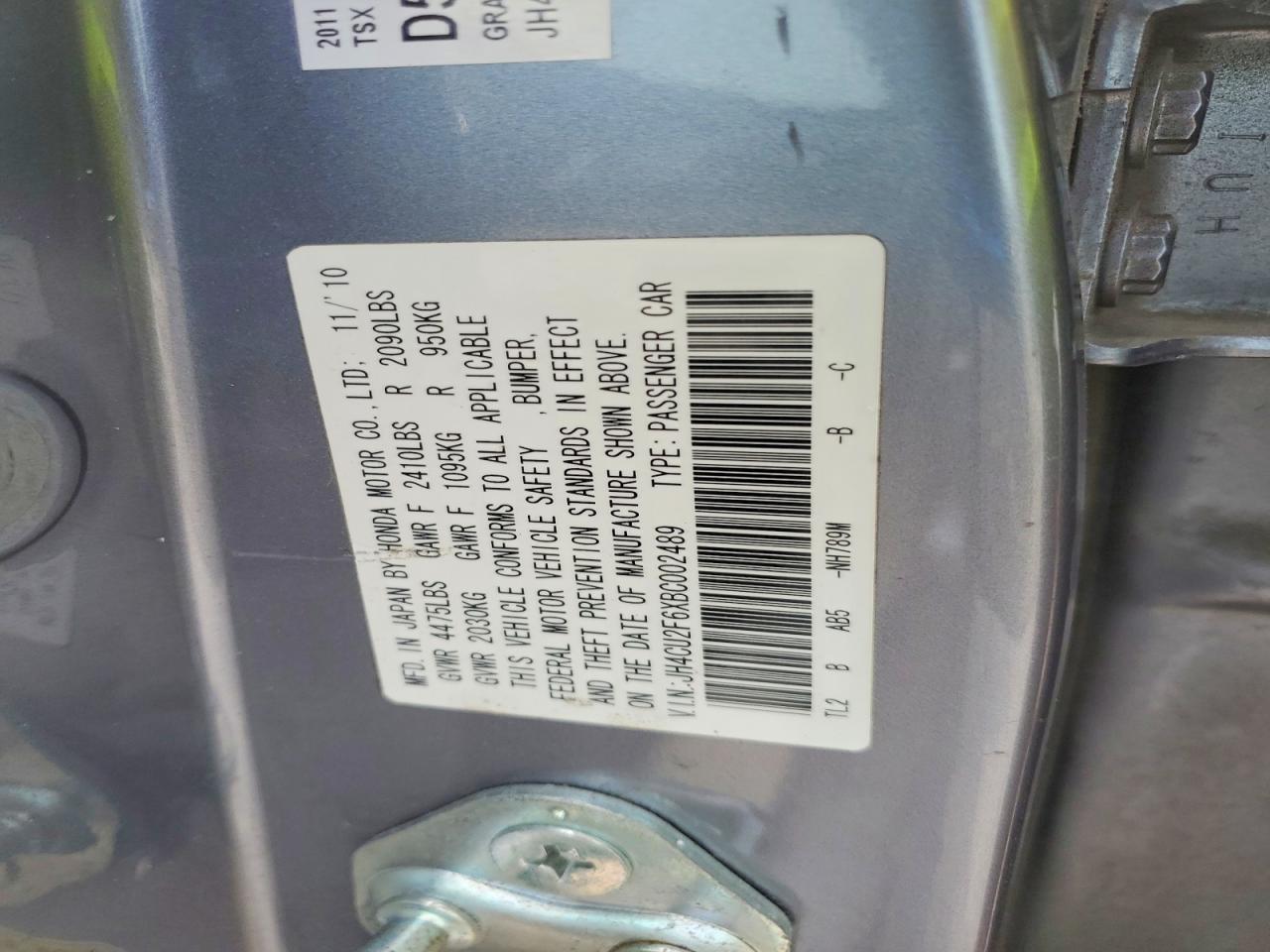 2011 Acura Tsx Silver vin: JH4CU2F6XBC002489