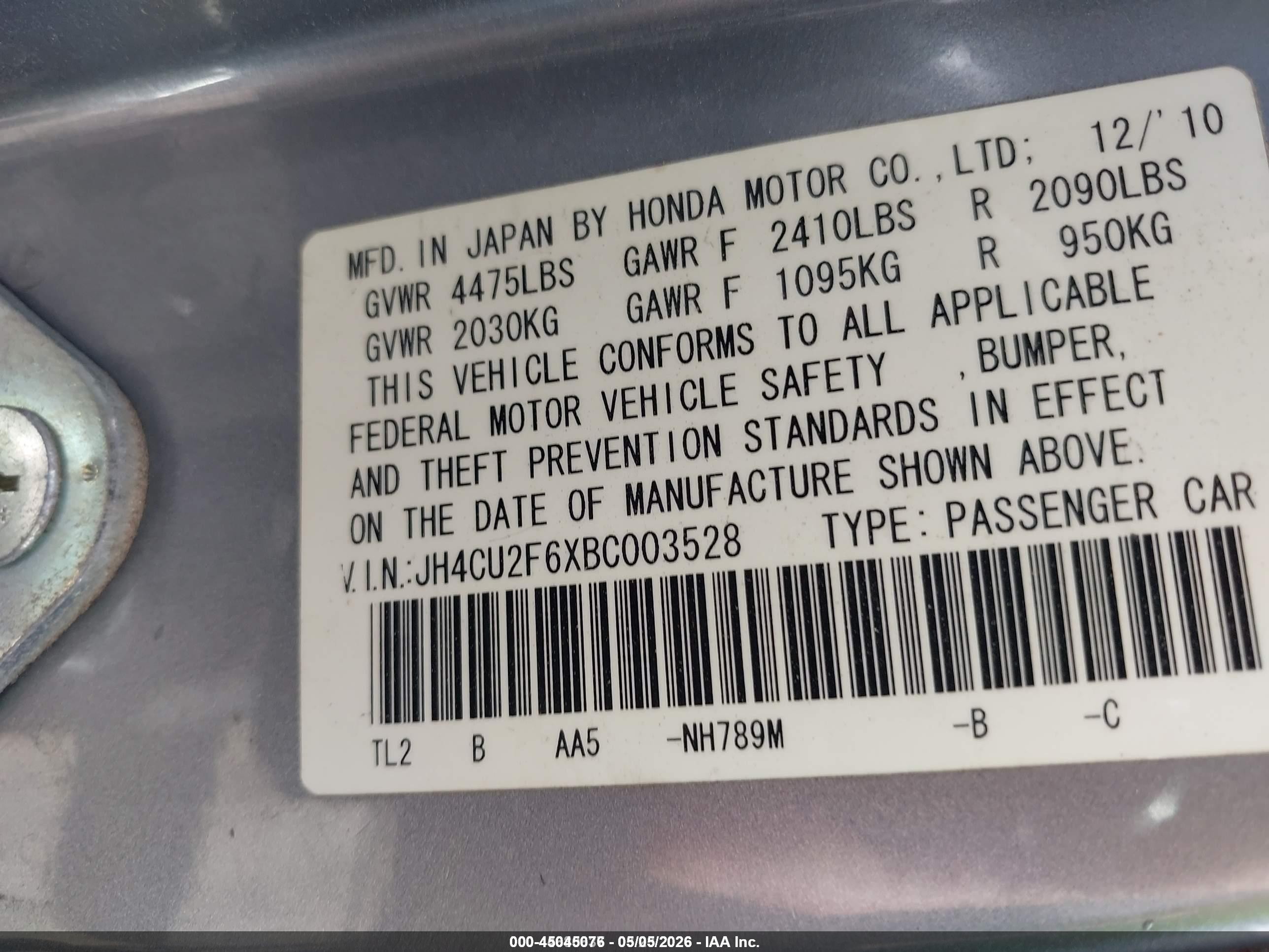 2011 Acura Tsx 2.4 Light Blue vin: JH4CU2F6XBC003528