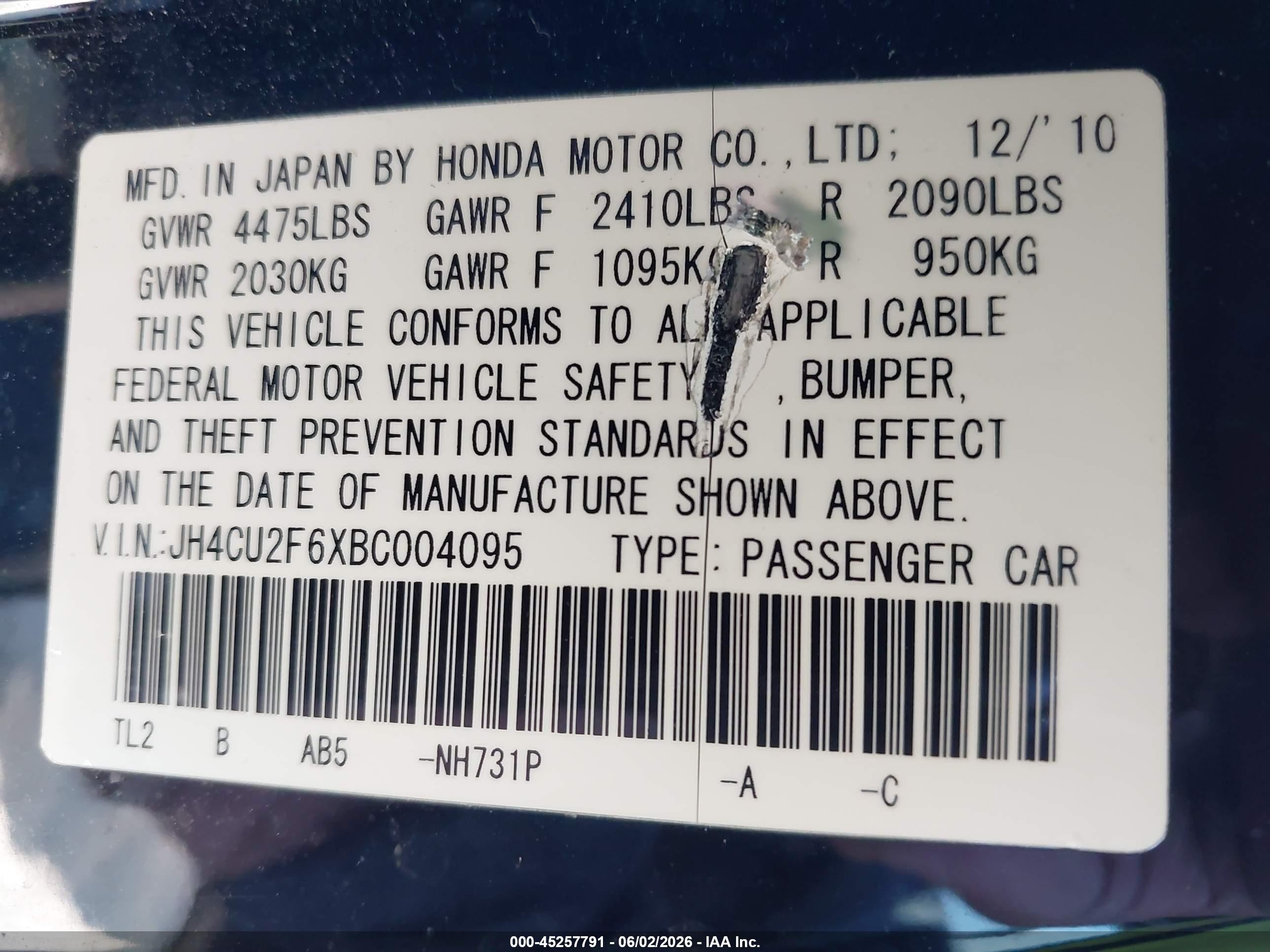 2011 Acura Tsx 2.4 Black vin: JH4CU2F6XBC004095