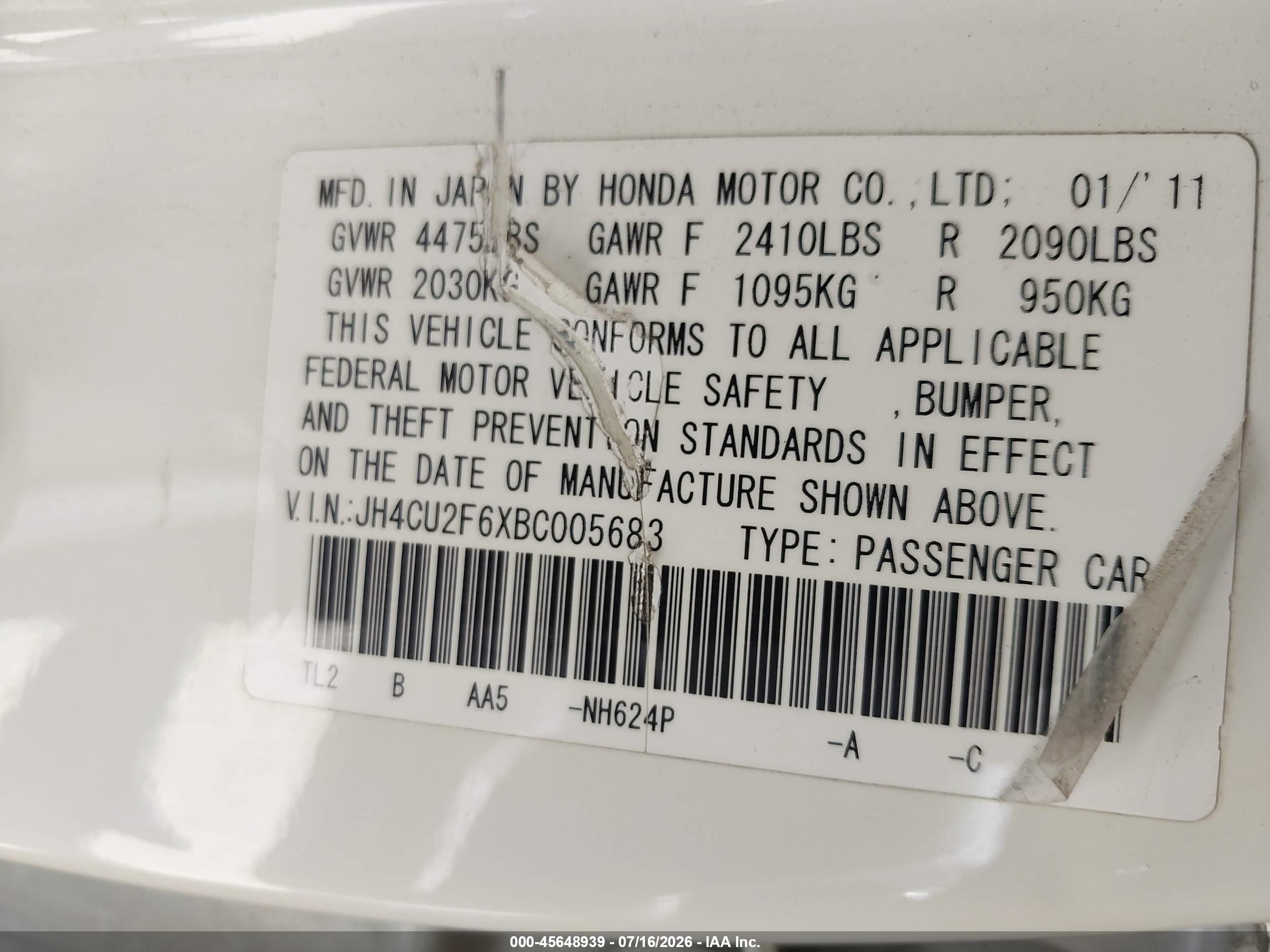 2011 Acura Tsx 2.4 White vin: JH4CU2F6XBC005683
