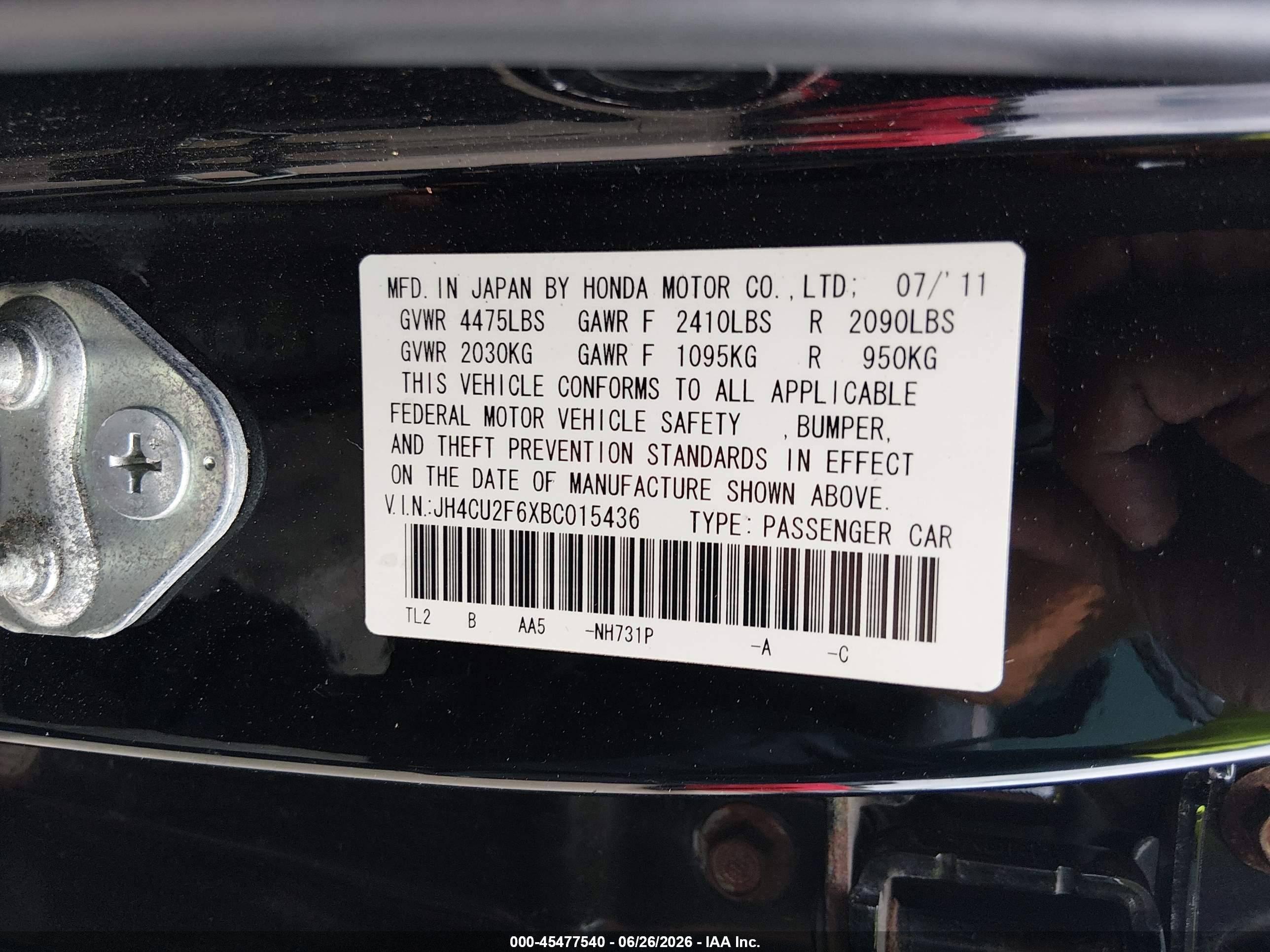 2011 Acura Tsx 2.4 Черный vin: JH4CU2F6XBC015436