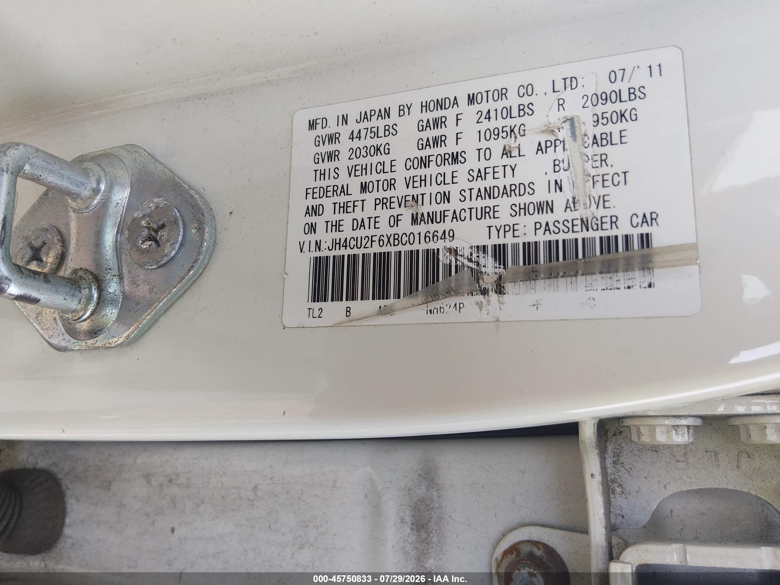 2011 Acura Tsx 2.4 White vin: JH4CU2F6XBC016649