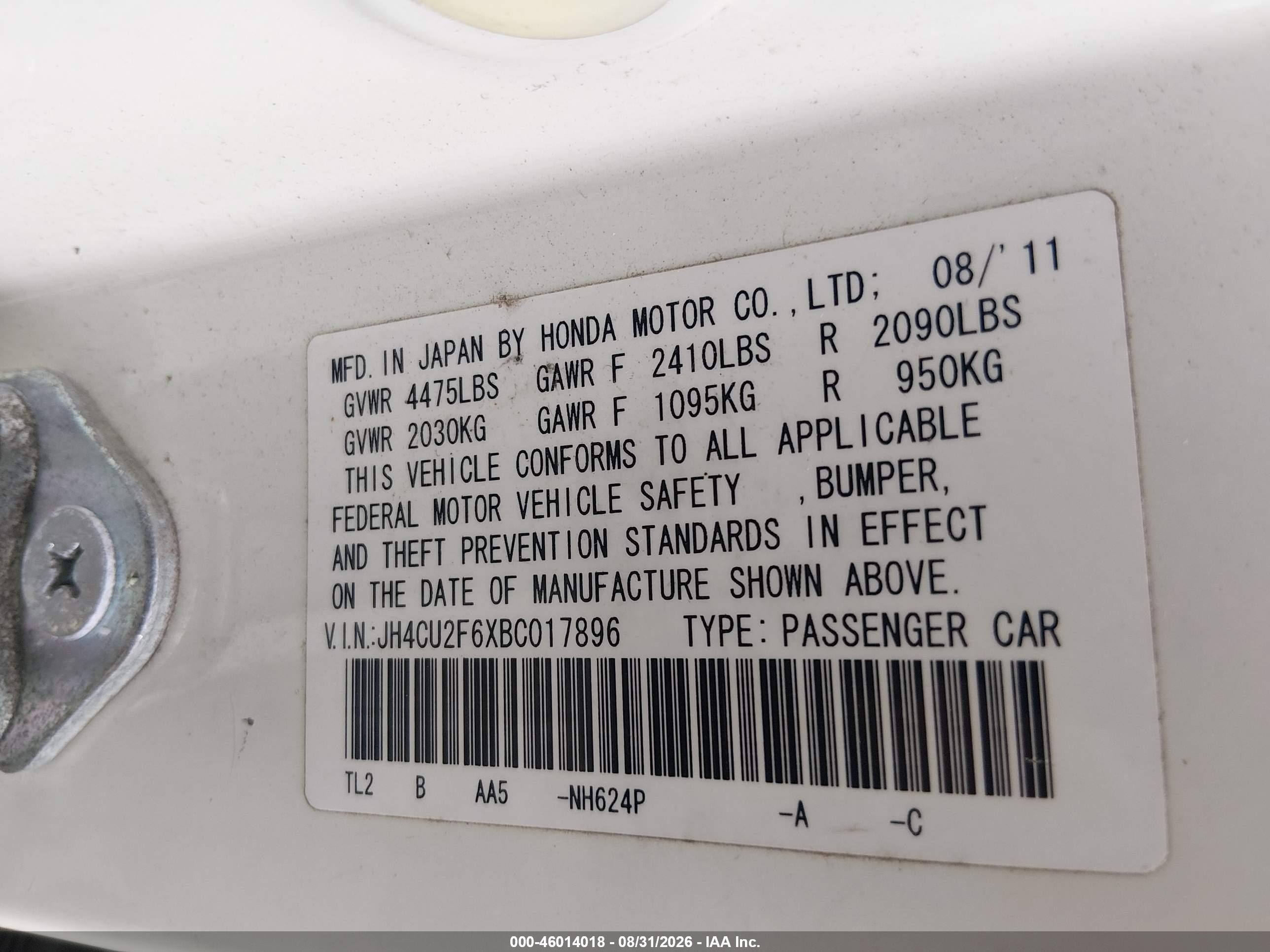 2011 Acura Tsx 2.4 White vin: JH4CU2F6XBC017896