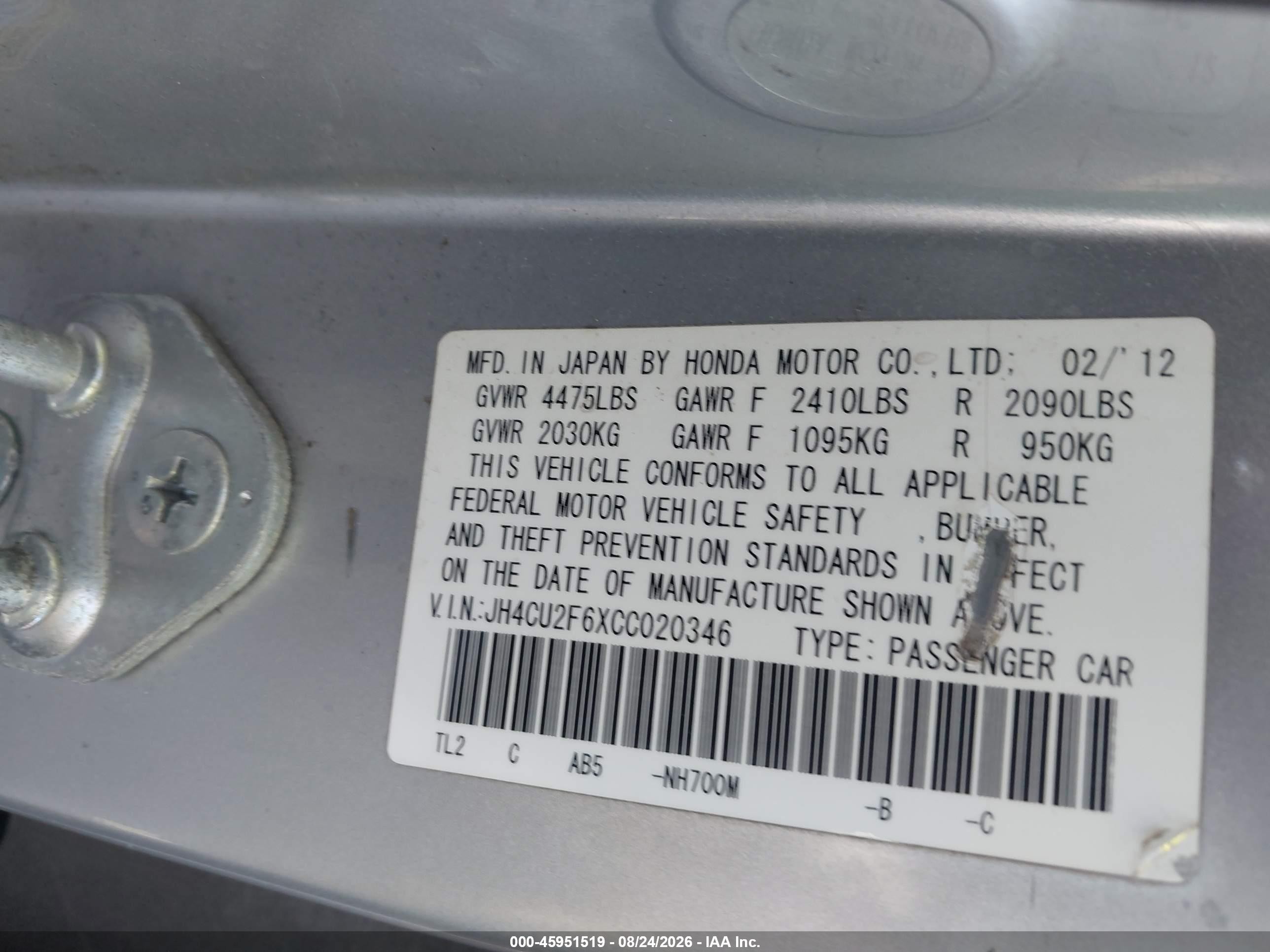 2012 Acura Tsx 2.4 Silver vin: JH4CU2F6XCC020346