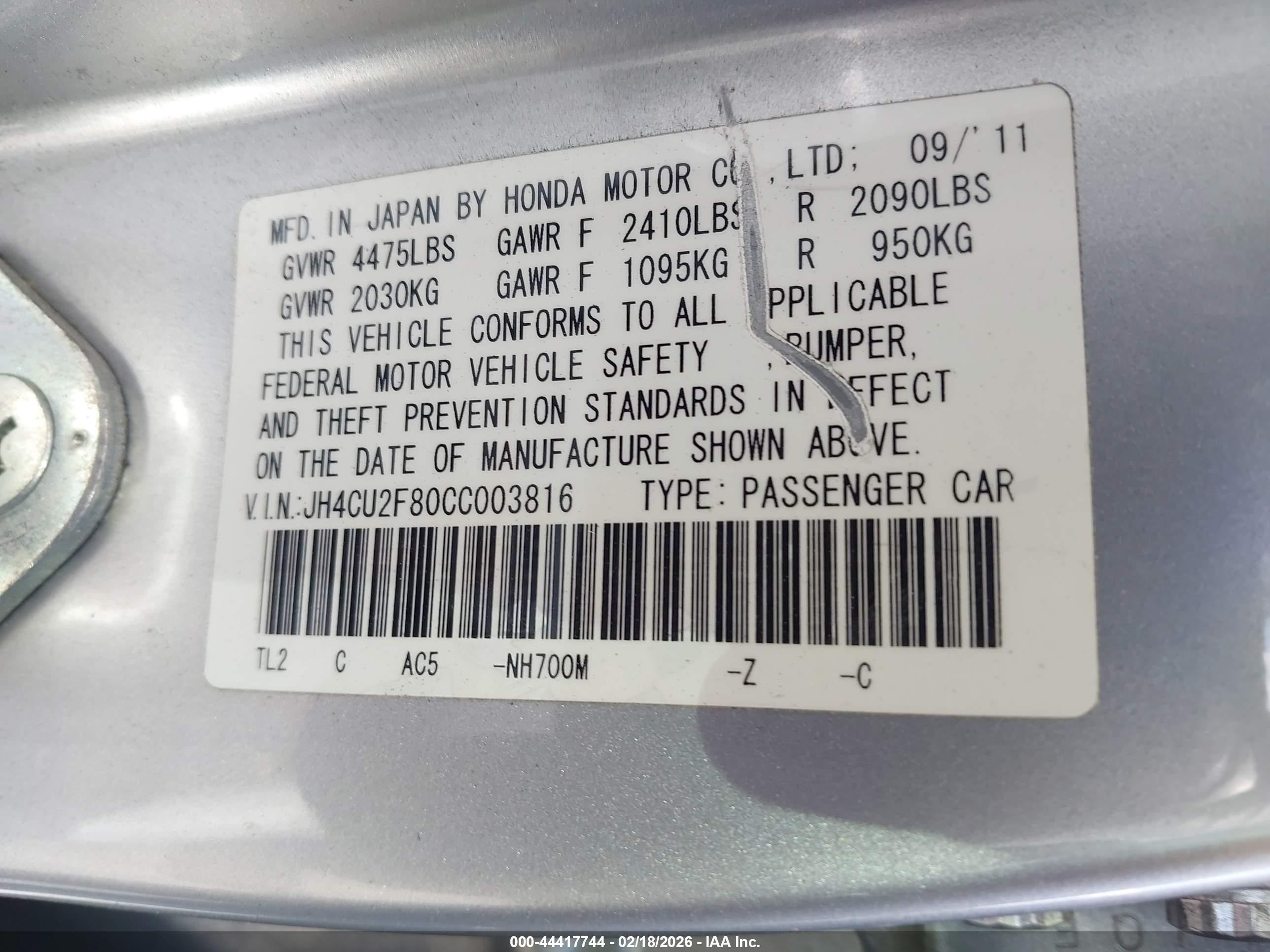 2012 Acura Tsx 2.4 Silver vin: JH4CU2F80CC003816